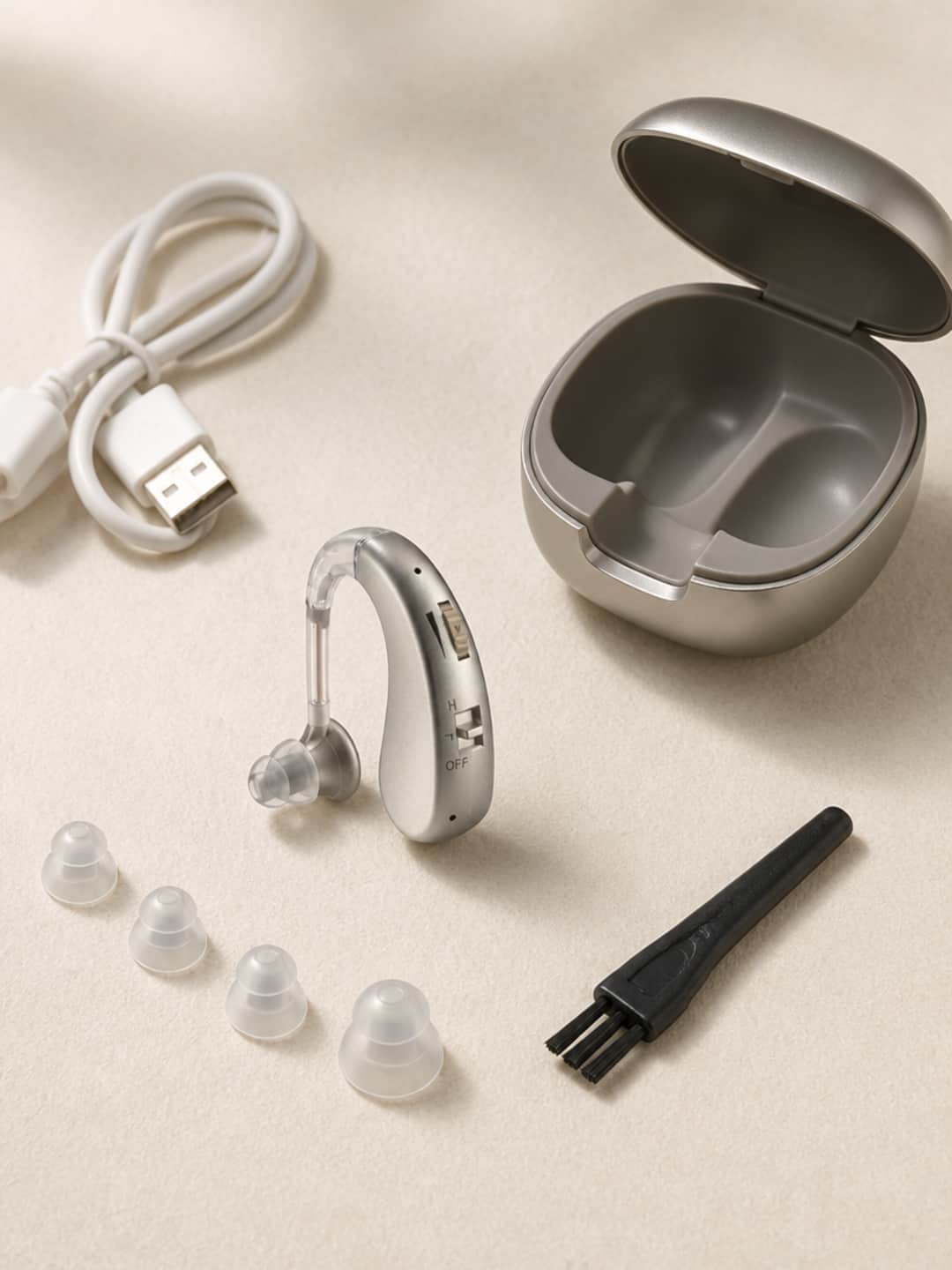 Audexa hearing aids with all included accessories: hard case, four silicone ear-tip sizes, cleaning brush, and USB charging cable