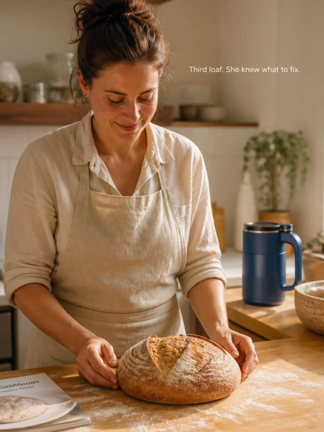 Home baker turning out a freshly baked loaf, Grainbloom mill visible in background, baking guide set aside on counter