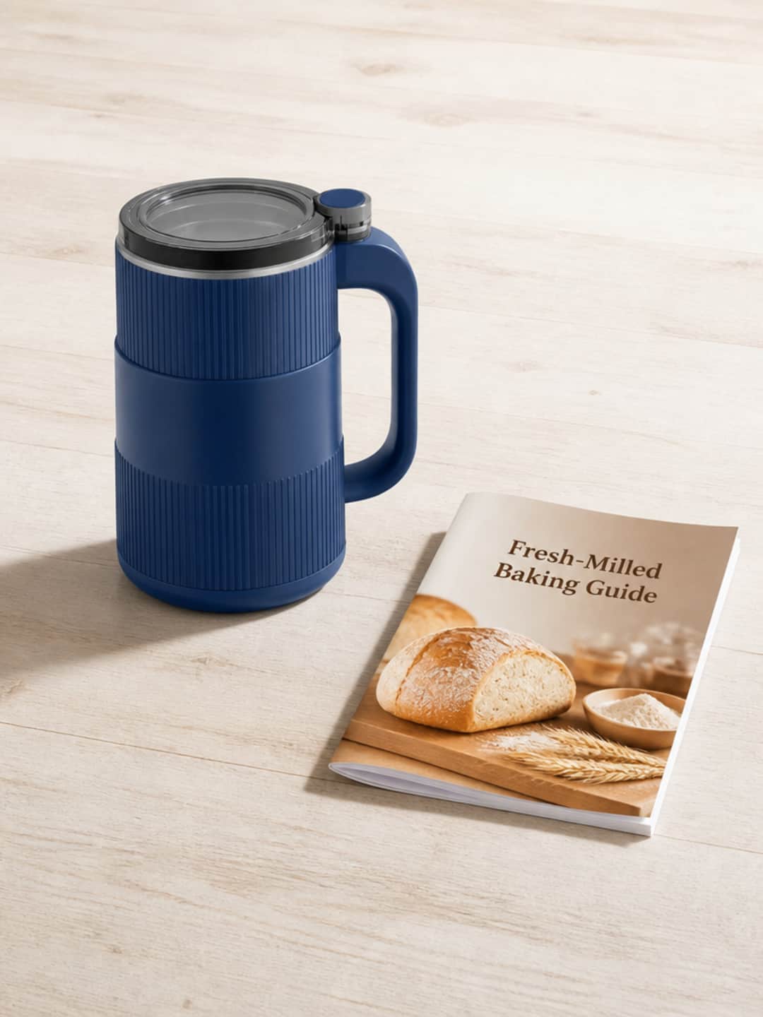Grainbloom countertop grain mill placed upright on a warm wood surface beside the Fresh-Milled Baking Guide booklet, open and angled to show the cover — both items photographed as real physical objects with natural directional light and contact shadows.