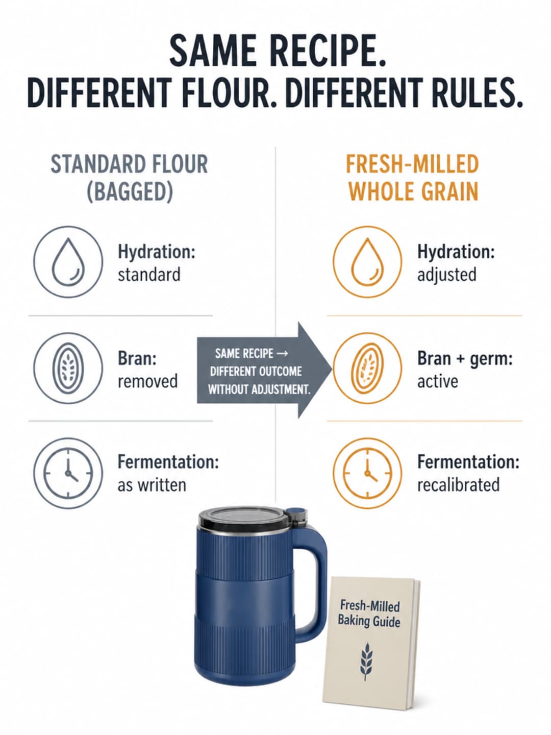 Clean two-column infographic card headed 'SAME RECIPE. DIFFERENT FLOUR. DIFFERENT RULES.' — left column (Standard Flour: Hydration standard, Bran removed, Fermentation as written) in muted grey; right column (Fresh-Milled Whole Grain: Hydration adjusted, Bran + germ active, Fermentation recalibrated) in warm amber. A central arrow reads: SAME RECIPE → DIFFERENT OUTCOME WITHOUT ADJUSTMENT. Small product cutout of the Grainbloom mill beside a Fresh-Milled Baking Guide booklet in the lower corner.