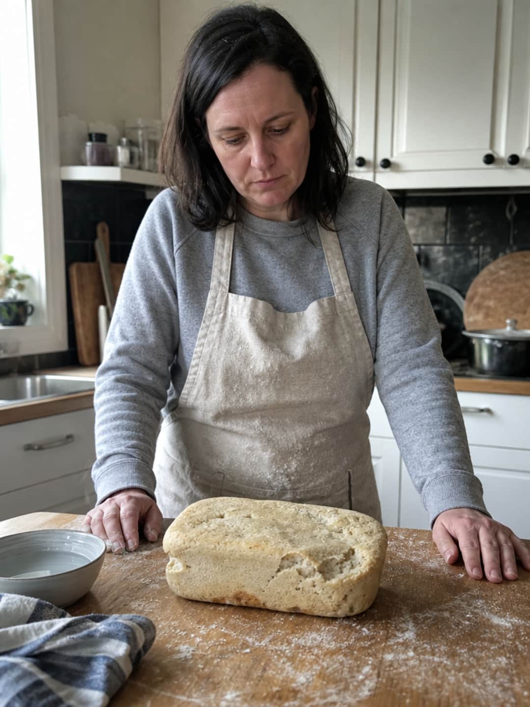 Candid kitchen photo: a woman of 38 with dark shoulder-length hair, wearing a flour-dusted apron over a grey crewneck sweater, stands at a wooden counter looking down at a dense, pale, barely risen loaf — a quietly deflated expression on her face.