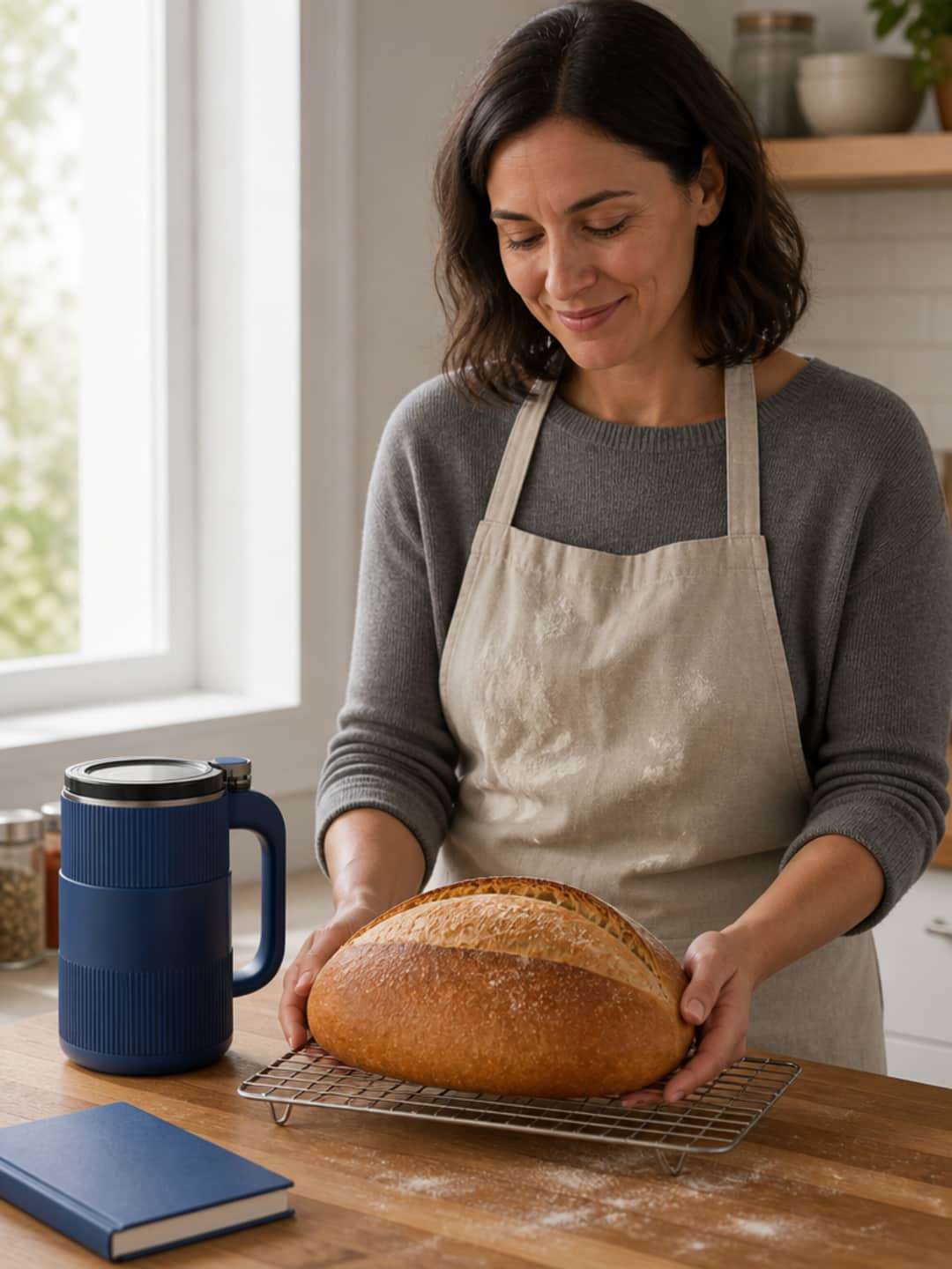 Candid kitchen photo mirroring R1 in framing: the same woman of 38 with dark shoulder-length hair, flour-dusted apron over a grey crewneck sweater, at the same wooden counter — now holding a well-risen, golden-brown loaf with a clean score along the top. Her expression is quiet satisfaction. The Grainbloom mill sits naturally to one side, a closed guide booklet near it.