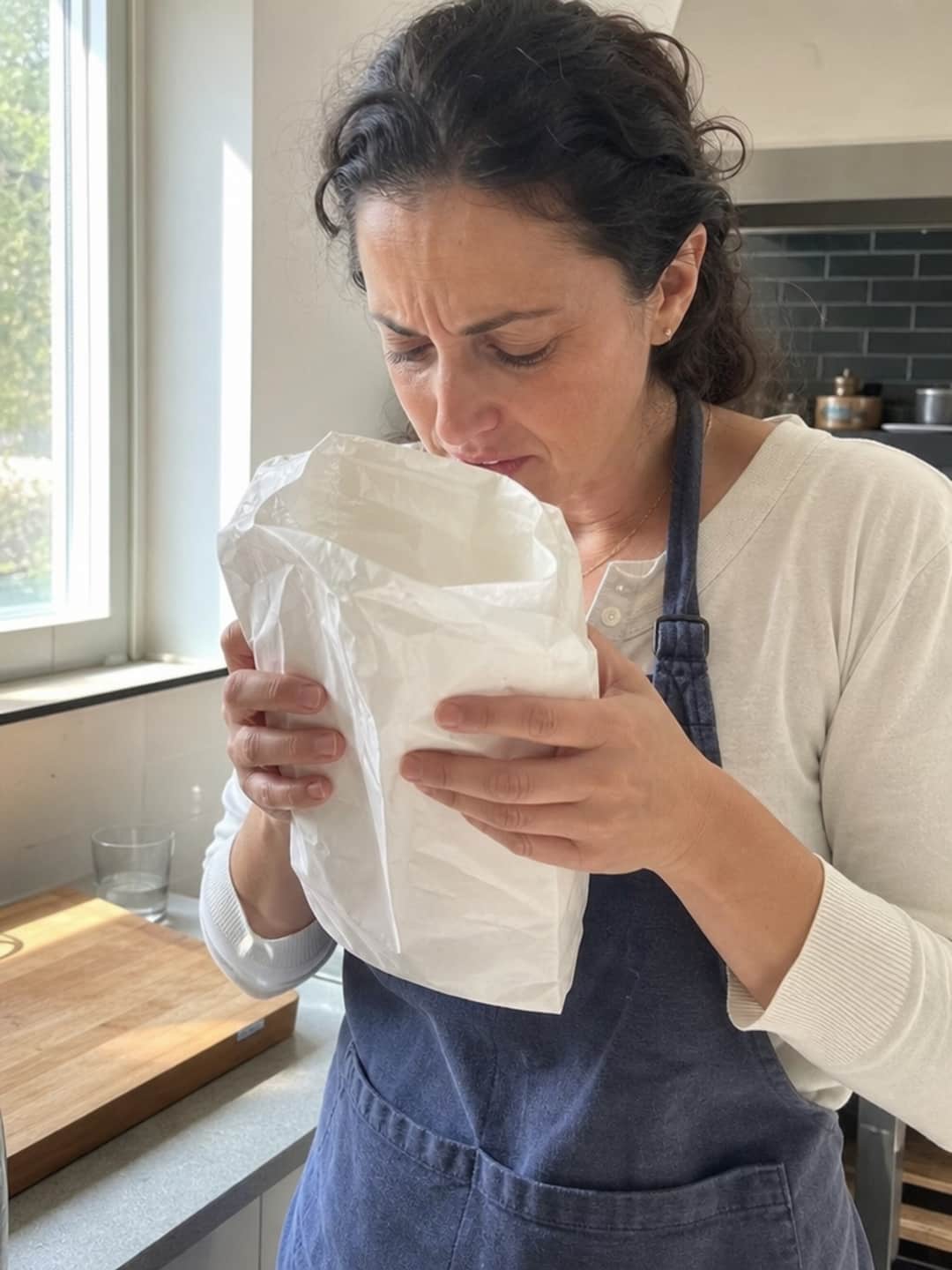A woman in a faded navy apron holds an open flour bag to her face, nose just above the opening, with a subtle expression of confused disappointment — natural morning kitchen light, candid phone-photo style.
