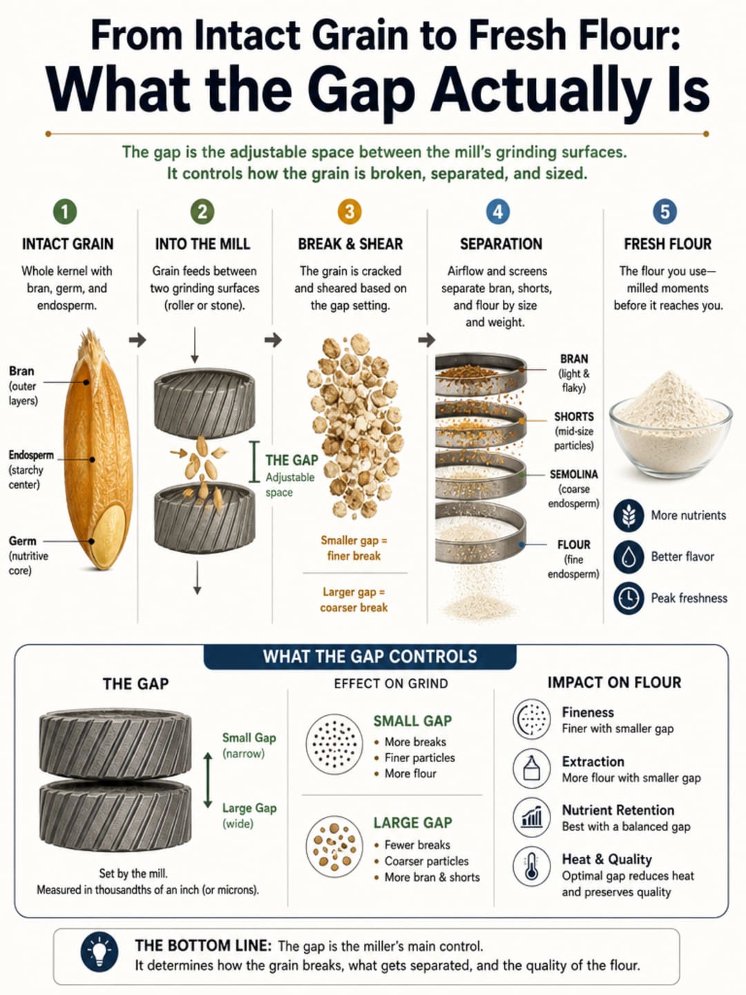 Flat mechanism infographic showing three stations left to right: whole wheat berry icon (intact, stable, sealed) → Grainbloom mill (one button, ~60 seconds) → flour-filled bowl (milled now, used now), with a contrast bar beneath comparing commercial flour supply chain weeks-to-months versus home-milled minutes.