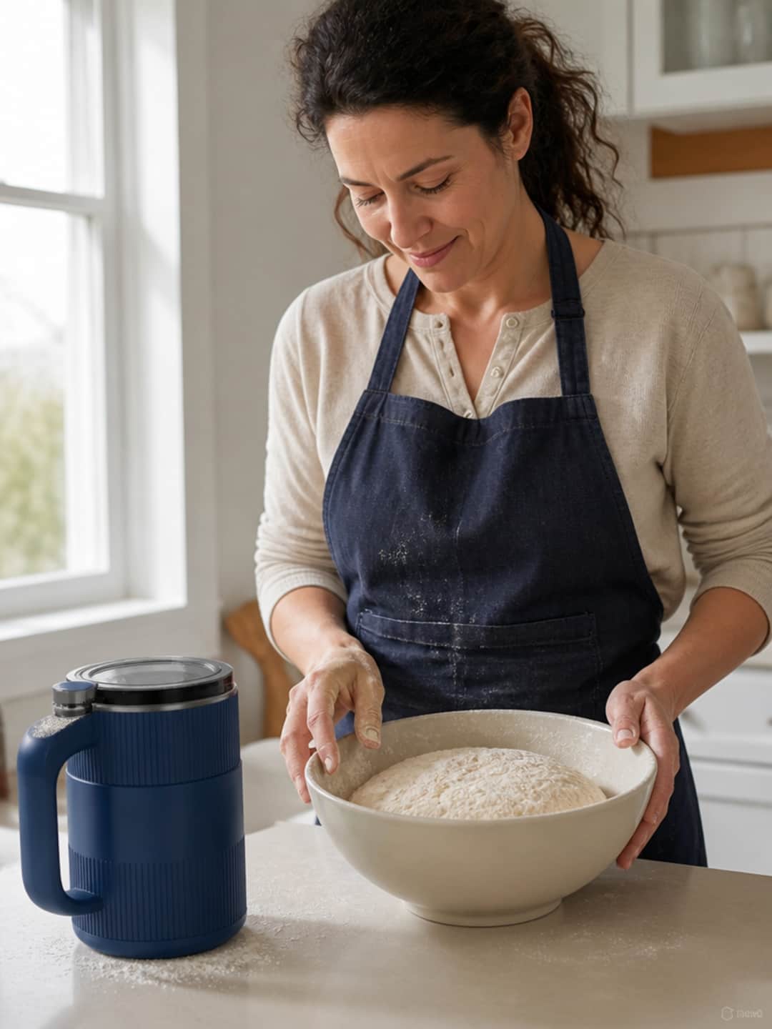 The same woman from the earlier pain photo — navy apron, cream henley — now looking down at a mixing bowl with quiet absorbed satisfaction, fresh dough flour-dusted at the rim. The Grainbloom mill sits on the counter beside the bowl, a small scatter of flour at its base. Candid phone-photo style, same natural morning light.