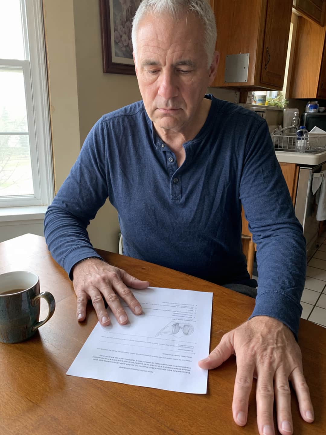 A man of 67, close-cropped silver hair, in a faded navy henley, sitting at a kitchen table in morning light with a plain photocopied Kegel instruction sheet in front of him — his expression tired and specific, a half-drunk coffee mug beside him