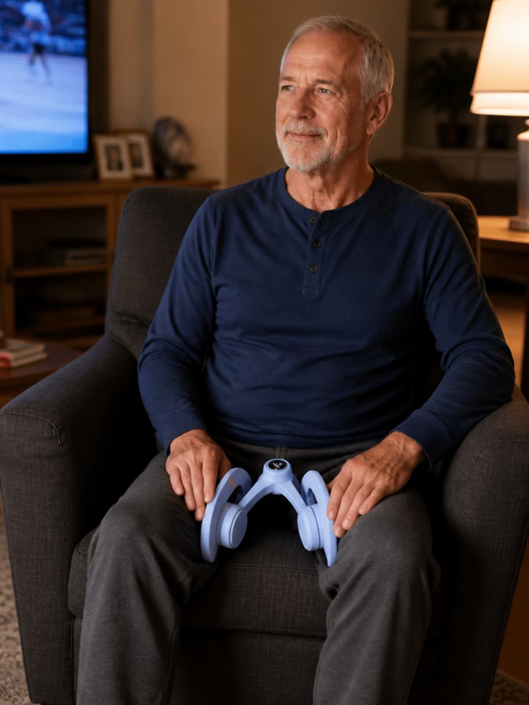 A man of 67, close-cropped silver hair, in a faded navy henley, sitting relaxed in an upholstered armchair in a warm living room with the light-blue Pelvexia trainer between his knees, the digital counter visible in the high thirties, a television blurred in the background — quiet and settled, opposite emotional state to the pain photo