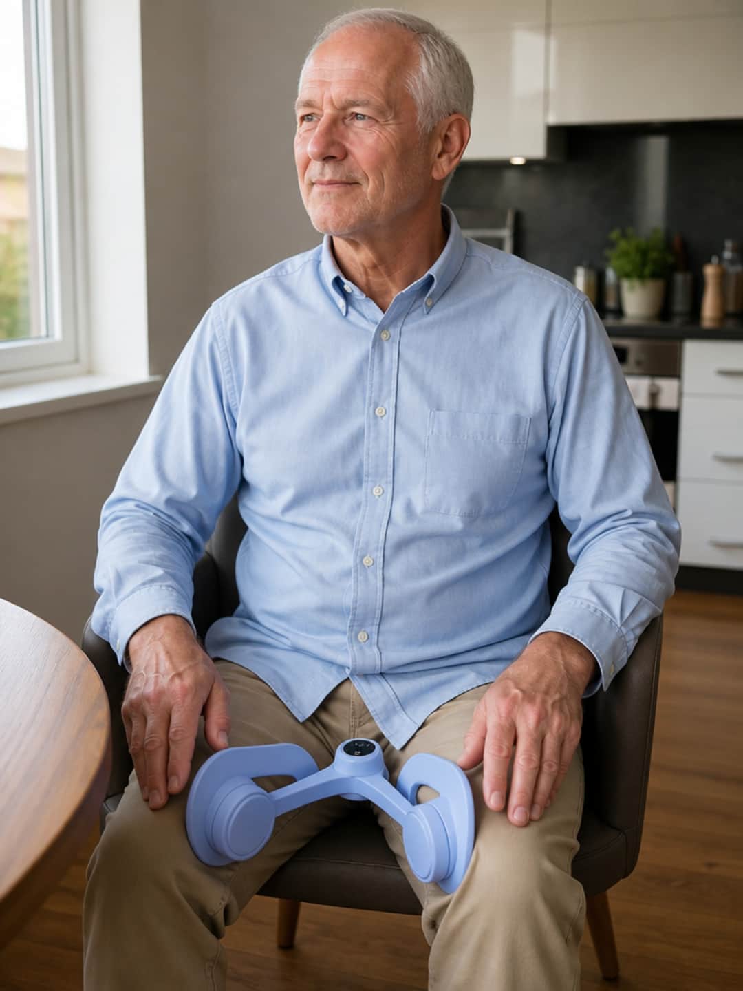 Man in his early sixties using Pelvexia™ at home, holding trainer at chest height with digital counter visible