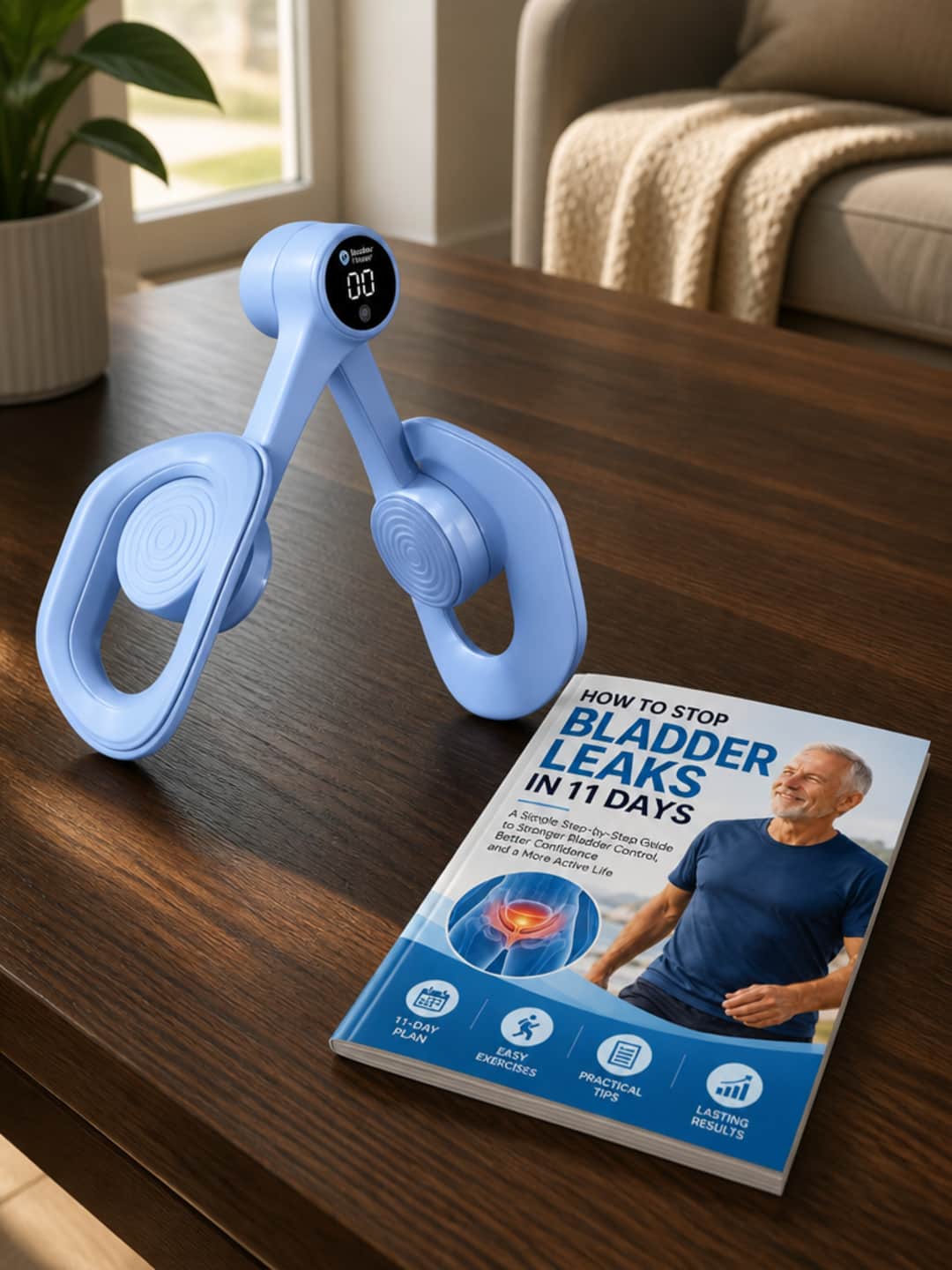 Man in his early sixties seated in a recliner with Pelvexia™ between his knees, digital counter visible, relaxed and unhurried — private comfortable routine at home