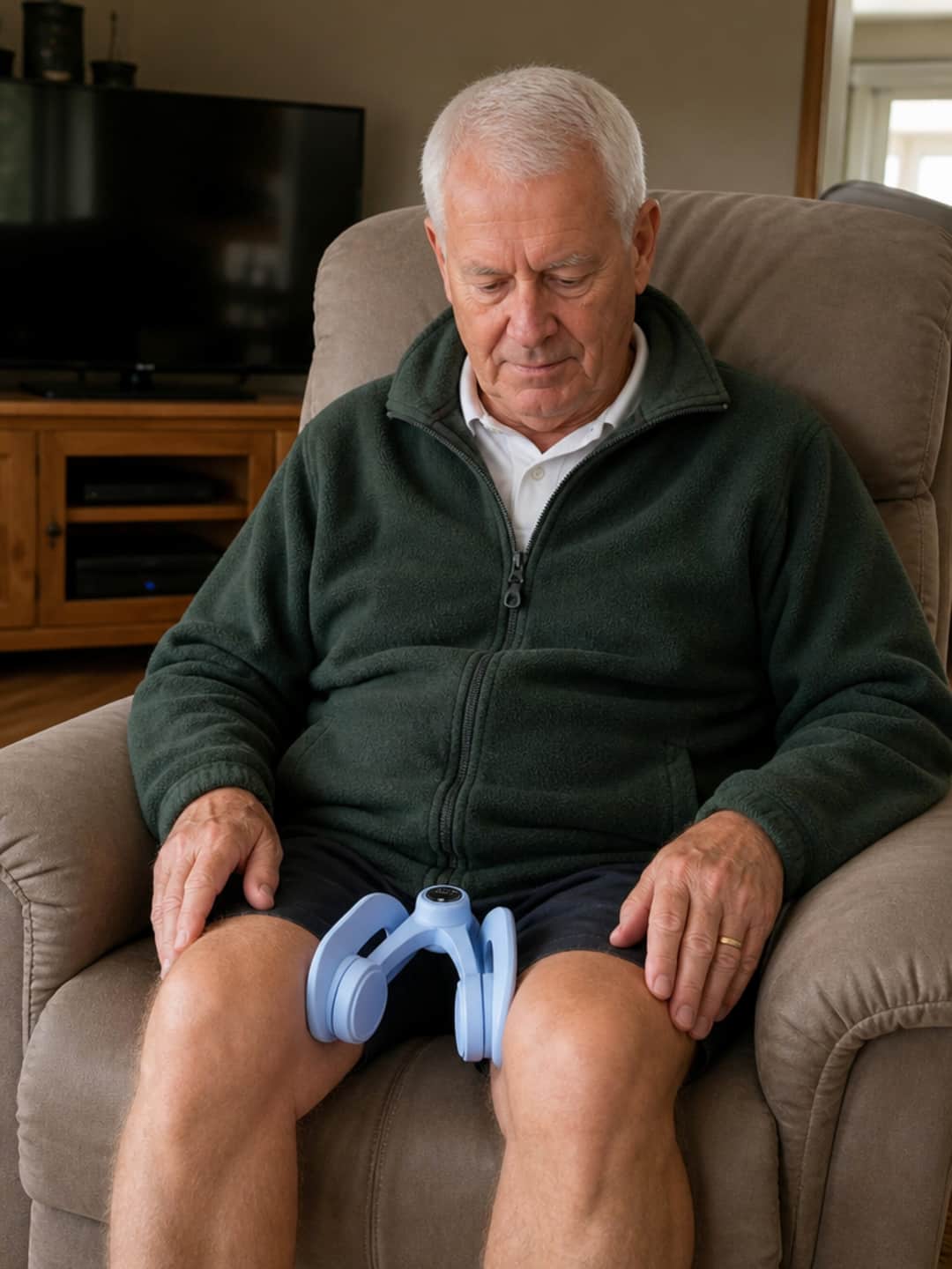 Man in his late sixties using Pelvexia™ seated at kitchen table, digital counter display visible