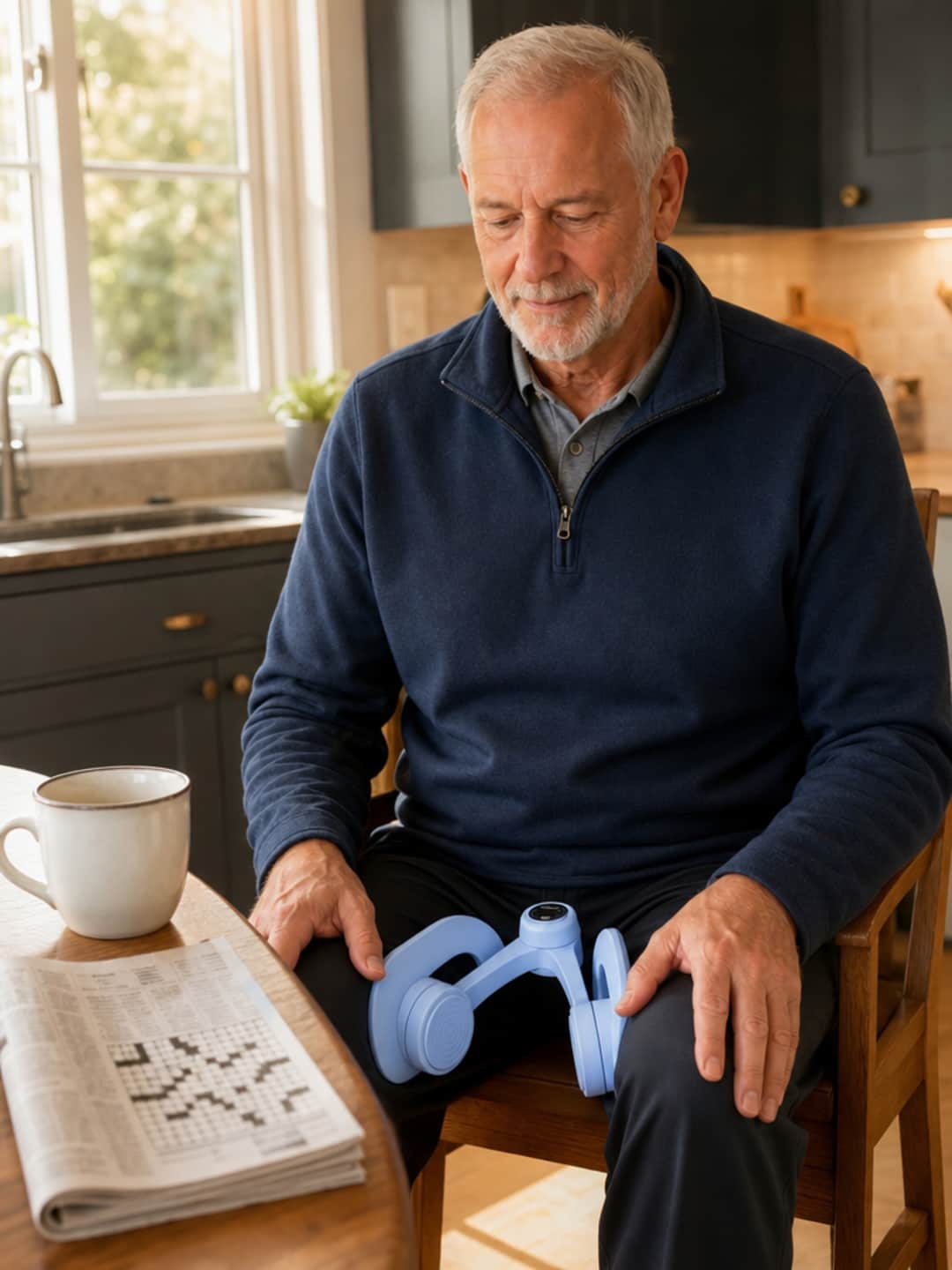 The same man of 67 with close-cropped silver-white hair in a navy quarter-zip fleece, now seated at a kitchen table with a coffee mug and folded newspaper, the light-blue Pelvexia trainer between his knees in mid-use, expression calm and focused on the counter display — the active, forward-looking mirror of the pain photo.