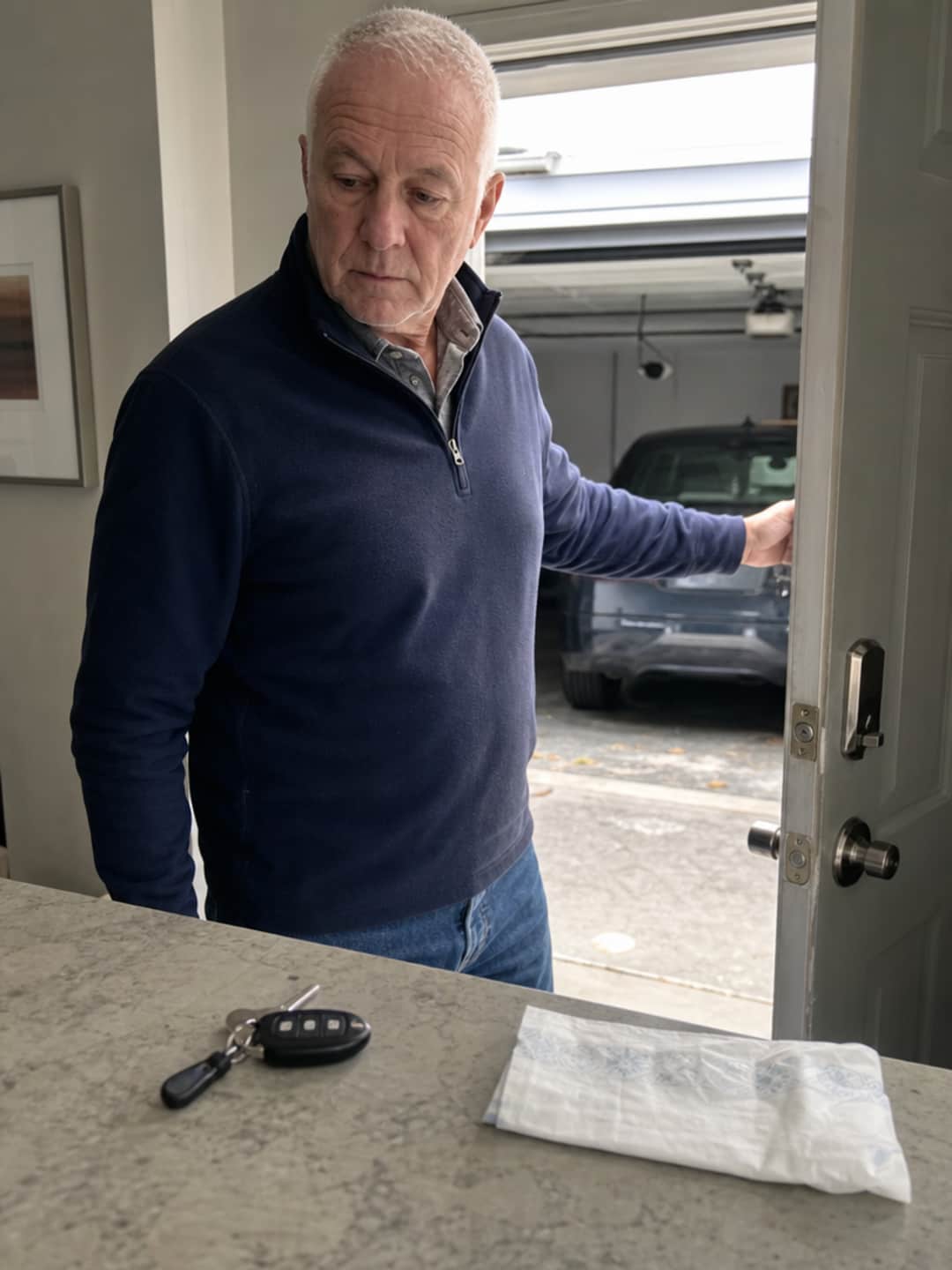 A man of 67 with close-cropped silver-white hair and a navy quarter-zip fleece standing at a half-open garage door, hand on the frame, gaze turned back toward a counter where a folded pad wrapper sits beside car keys — the physical expression of the just-in-case pause.