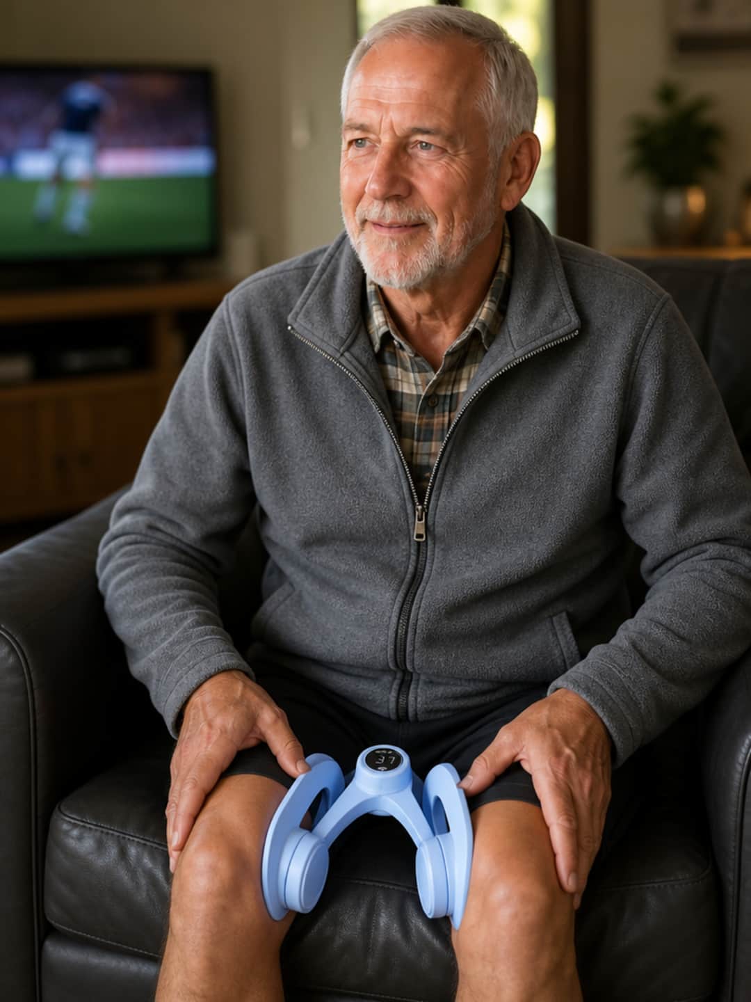 A man of 67, silver-cropped hair, grey zip-up fleece, seated in a recliner in a warm living room, both hands on the light-blue Pelvexia device between his knees, counter reading 38–40, television softly lit in background — the transformation scene: a routine in progress, confirmed by a visible number