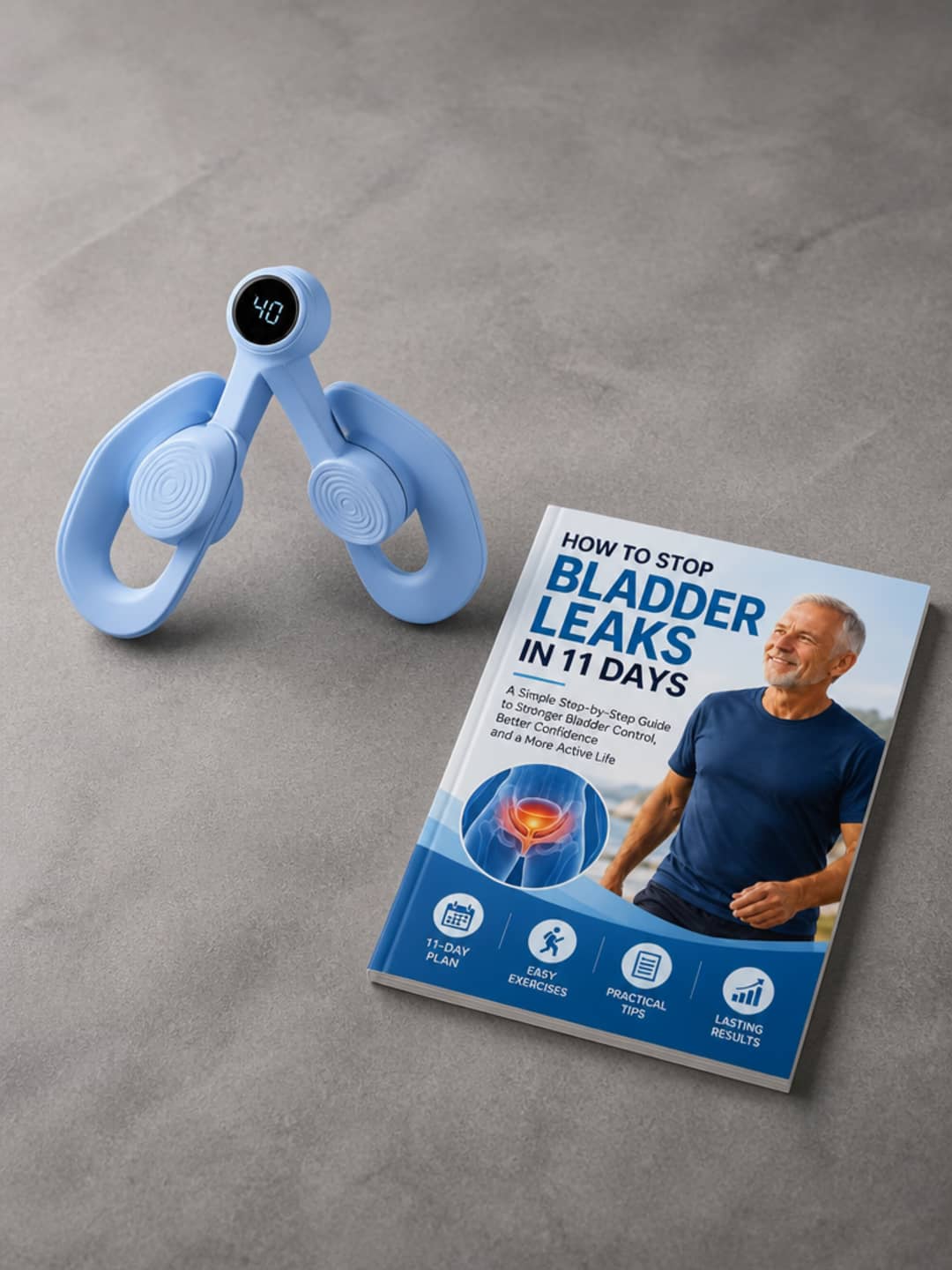 Pelvexia knee-squeeze pelvic floor trainer and printed Your Pelvexia Training Guide laid on a matte slate surface — the complete bundle