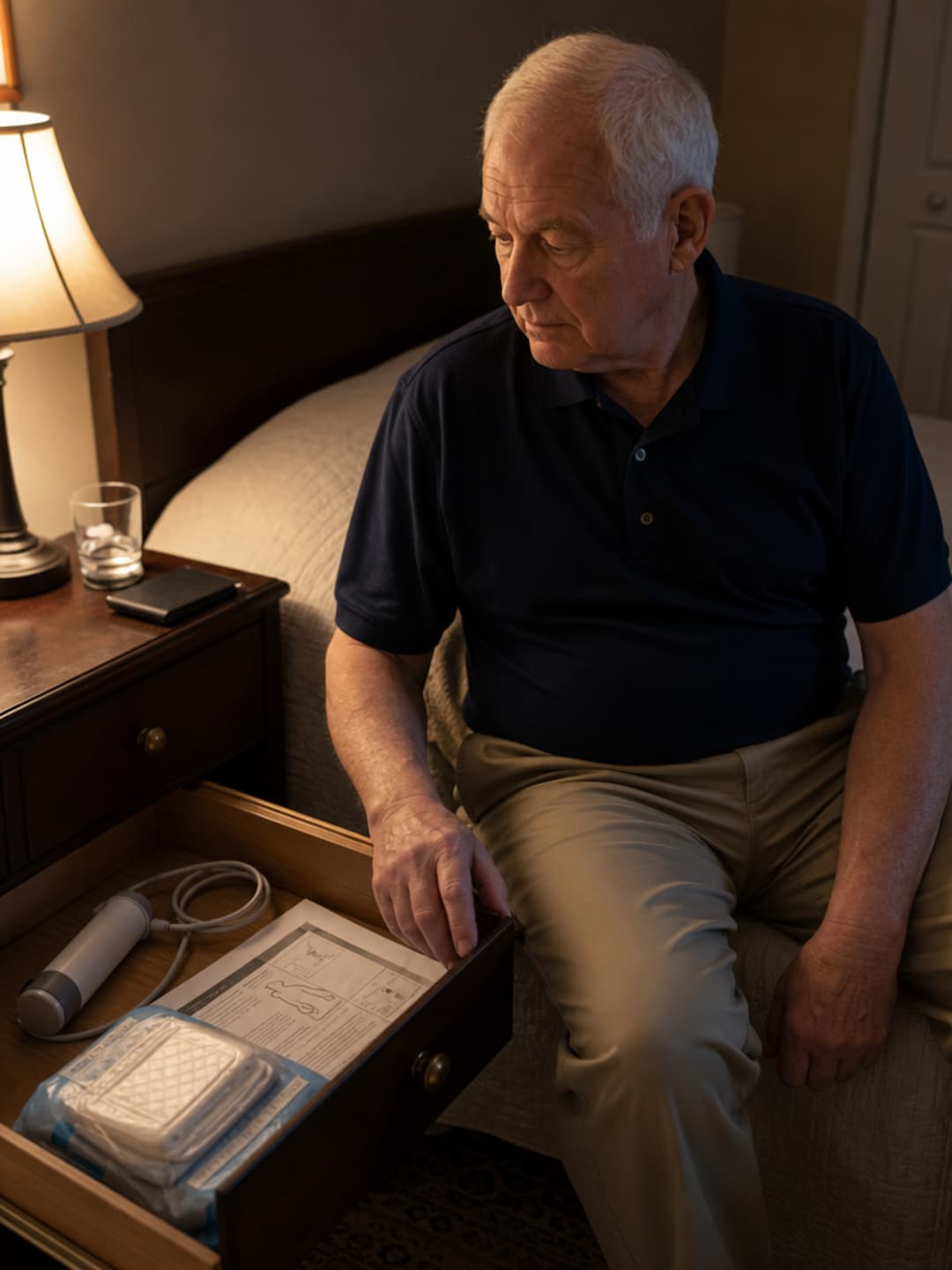 A man of 71, white close-cut hair, navy polo shirt, seated on the edge of a bed in soft lamp light, looking at an open bedside drawer containing a generic biofeedback device with cable, a folded instruction sheet, and incontinence pads — the private, resigned moment of a failed solution