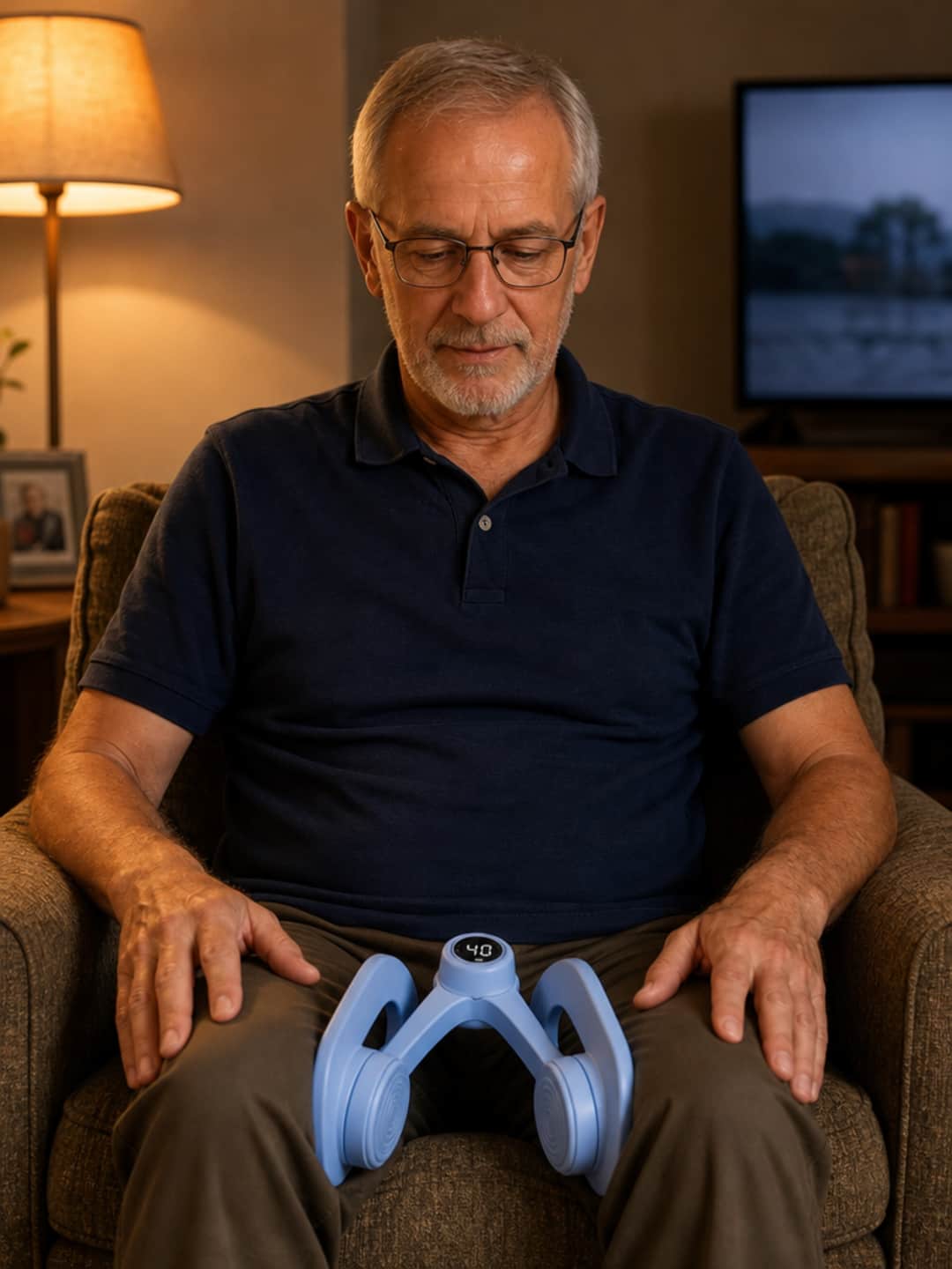 A man of 64, sandy-grey hair and glasses, wearing a dark-navy polo shirt, sits relaxed in an upholstered armchair with the light-blue Pelvexia trainer between his knees, the digital counter showing 40 — evening lamp light, a muted television in the background