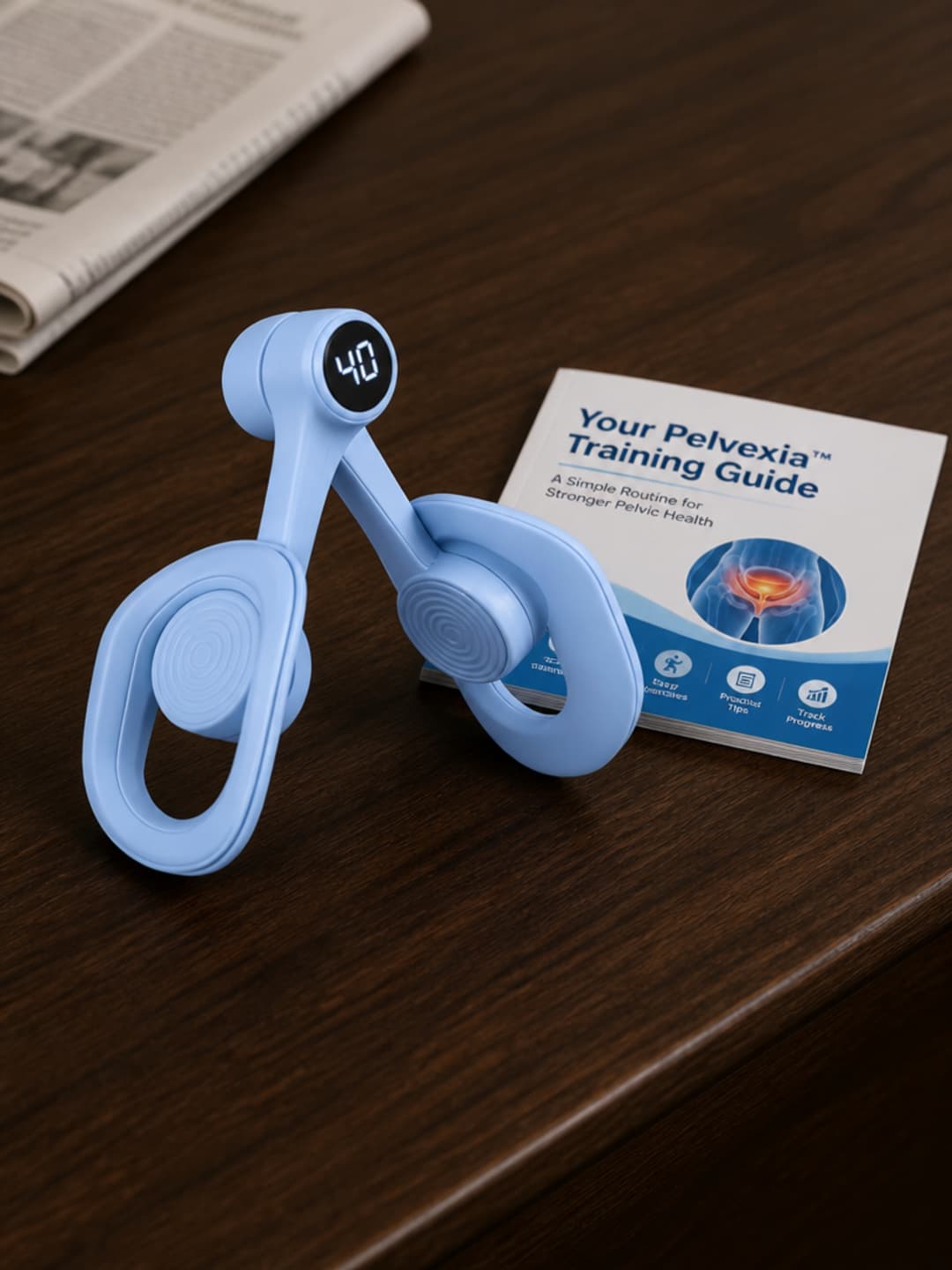 Pelvexia trainer and printed training guide on a dark walnut side table beside a folded newspaper — the digital counter shows 40