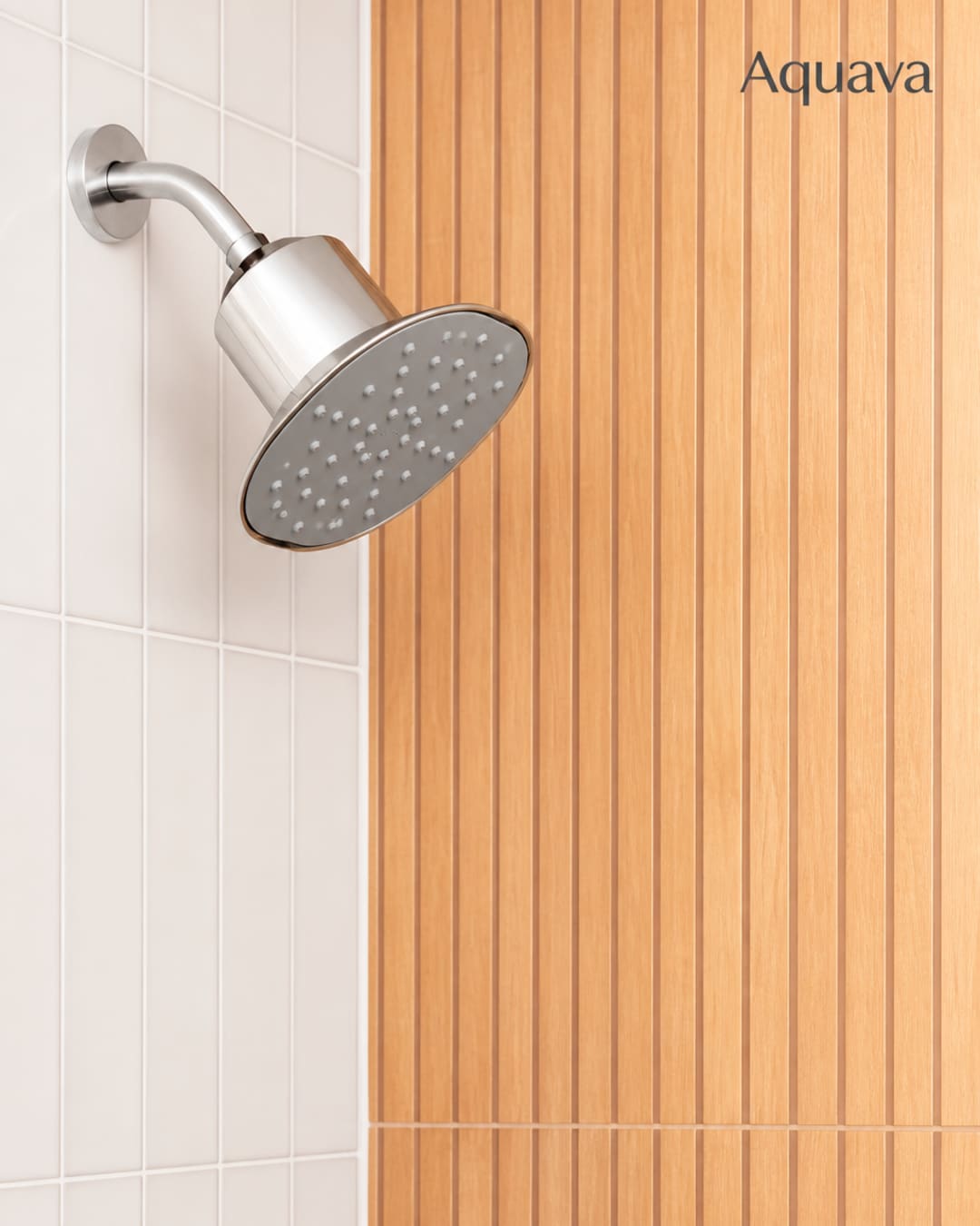 Aquava showerhead in a thoughtfully styled bathroom
