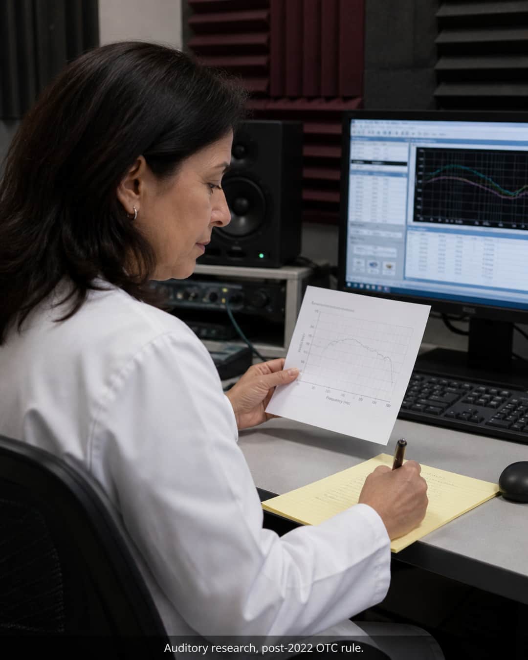 A woman in a lab coat reviewing a frequency-response graph printout in an acoustic research room, mid-process at a workstation