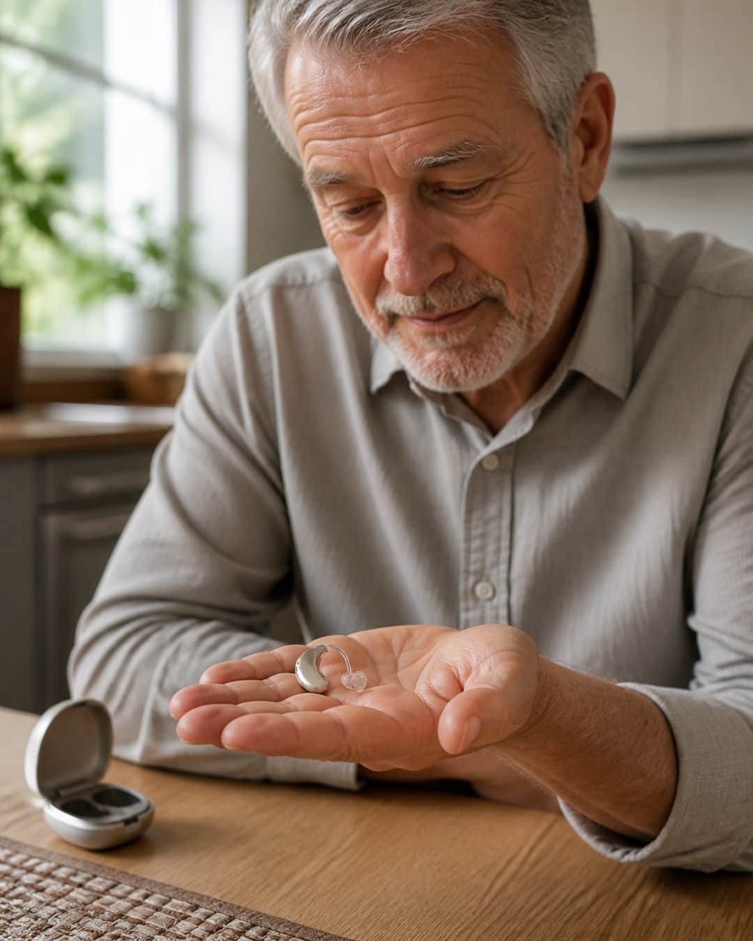 A silver-haired man examining a pair of cream-colored Audexa behind-the-ear hearing devices in his open palm at a kitchen table, the open hard case beside him