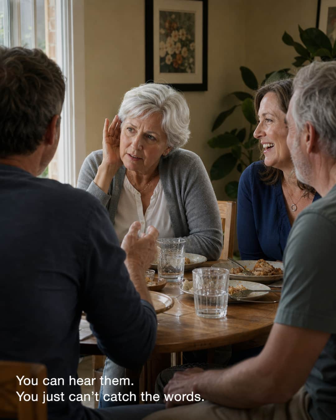 A woman of 68 at a dinner table cups her hand to her ear, working to follow a conversation while three people laugh and talk across from her.