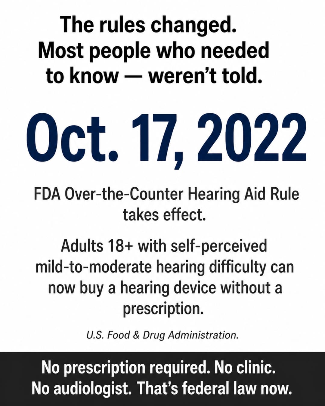 Bold infographic anchored by the date Oct. 17, 2022 — the day the FDA Over-the-Counter Hearing Aid Rule took effect, making non-prescription hearing devices legal for adults 18+.