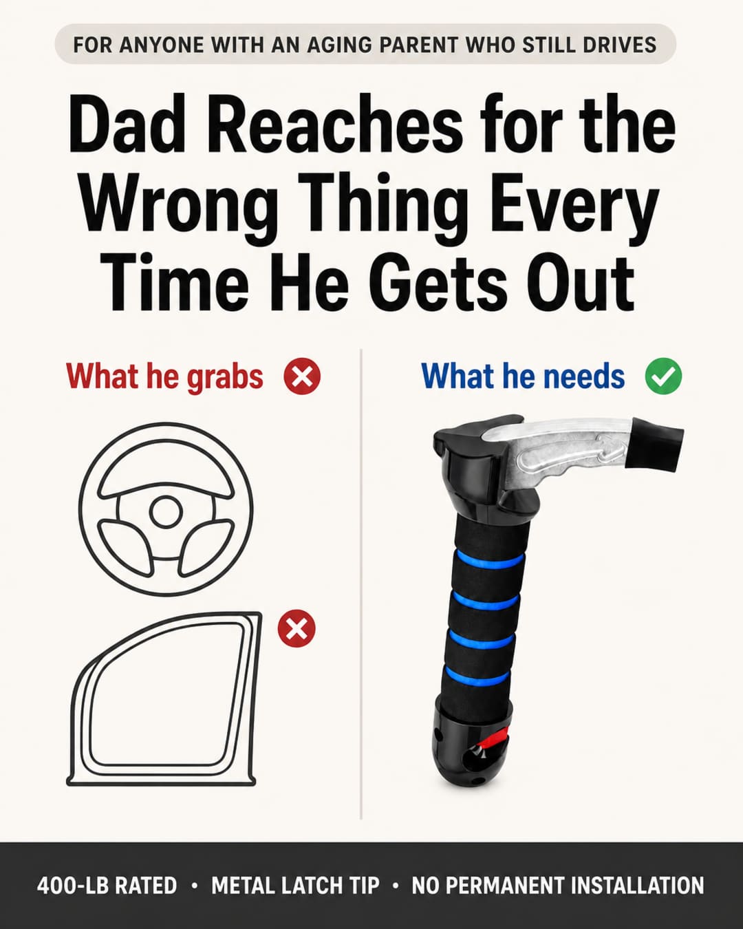 Infographic showing that Dad reaches for the steering wheel or door frame — the wrong grip — when what he needs is a purpose-built handle rated to 400 lbs