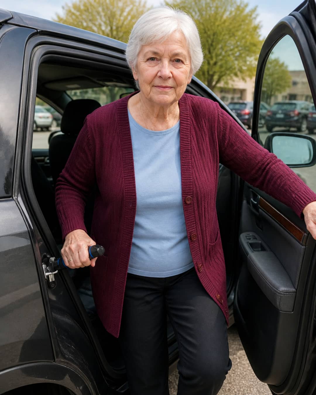 Transformation photo: the same woman of 71 with short silver-white hair in a burgundy cardigan stepping confidently out of the same dark sedan — upright, balanced, right hand holding the Car Aid Exit inserted into the door striker, posture unhurried and self-assured, the mirror image of the earlier struggling moment