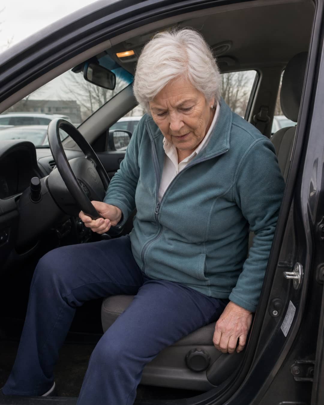 A woman of 72 in a parked car, gripping the steering wheel low for leverage as she begins to exit — illustrating the improvised grip problem