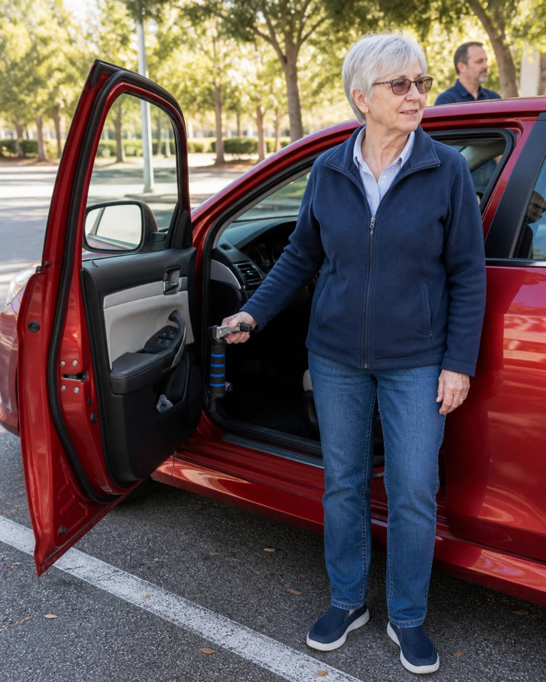 A woman of 72 standing beside her car door, upright and settled, hand resting on the Car Aid Exit handle — exit complete, expression calm and forward-looking; adult son visible in background, not intervening
