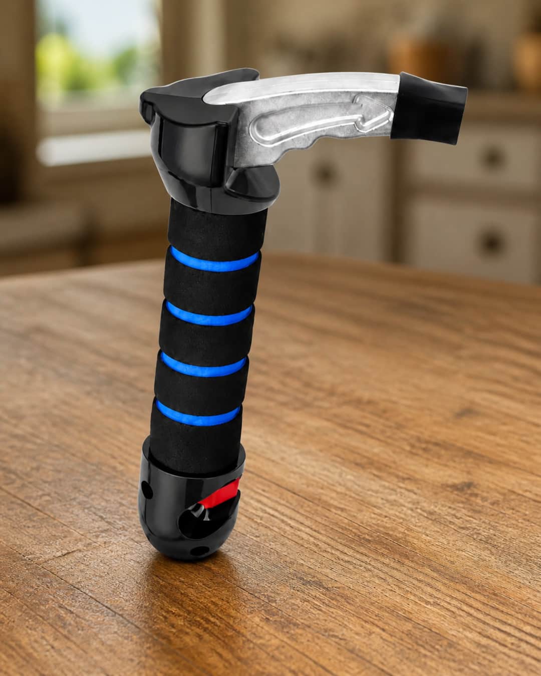 Car Aid Exit handle — padded grip body and metal latch tip, shown on a warm wood surface
