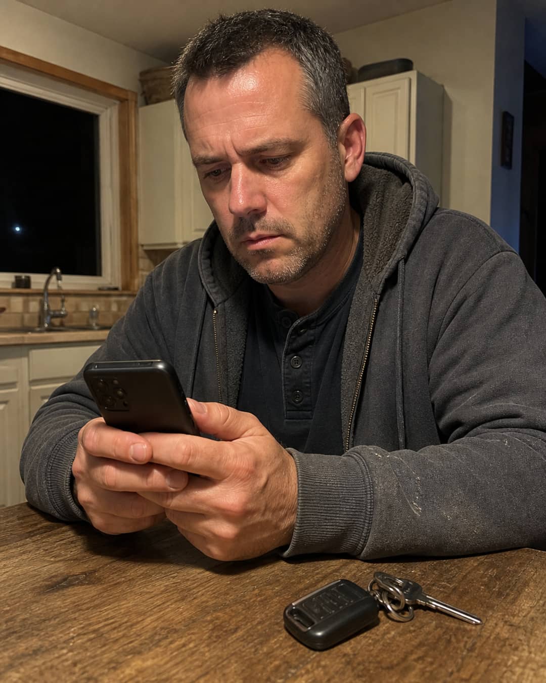 A man of 41 with close-cropped dark hair going gray at the temples, wearing a faded gray work hoodie over a dark henley, sitting at a kitchen table at night holding a smartphone casting blue-white light on his face, reading AFM lifter failure information with a quiet tense expression, truck keys resting nearby on the table
