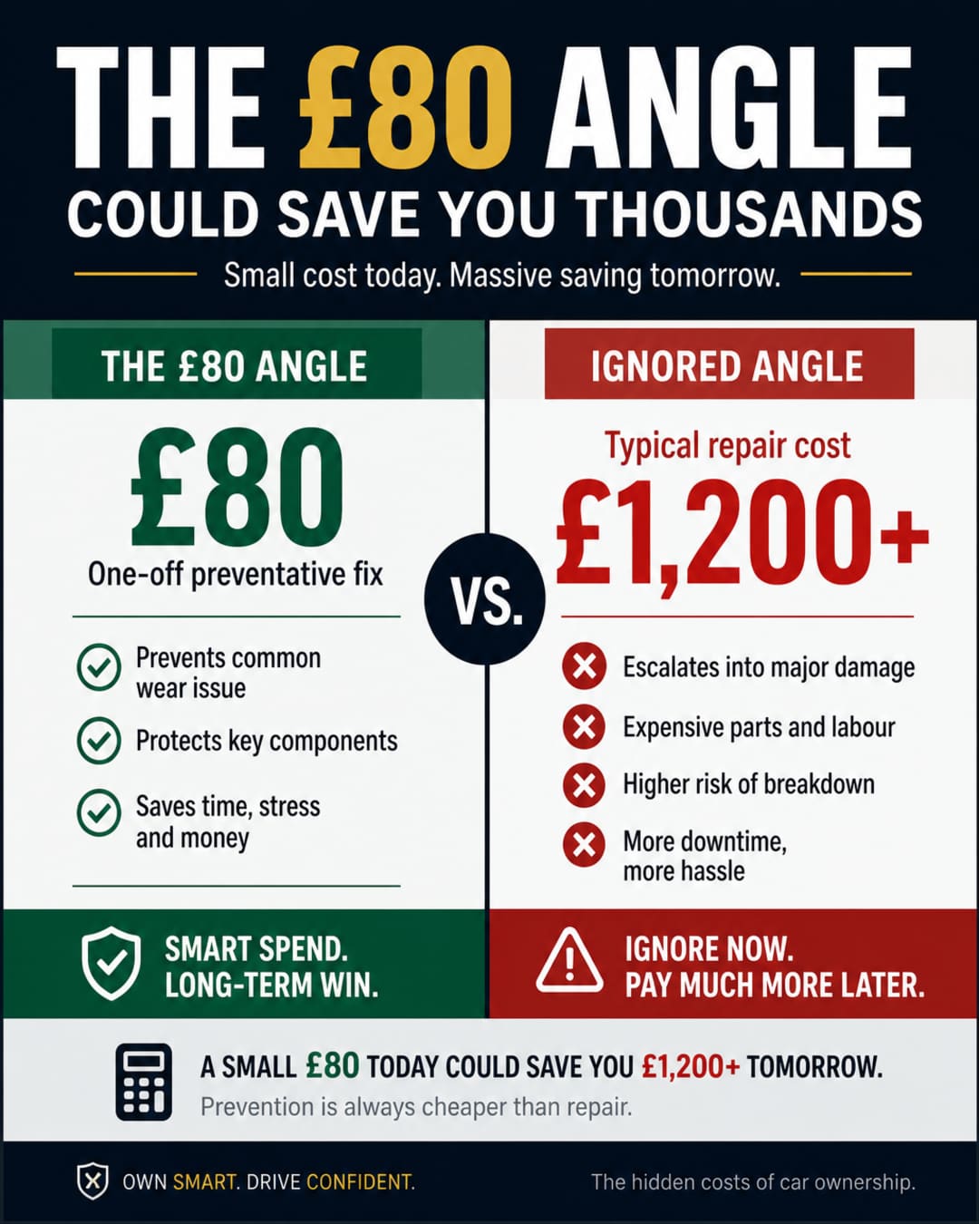 Financial contrast infographic showing $80 proactive module cost versus $8,000+ engine repair cost for GM AFM/DFM-equipped vehicles