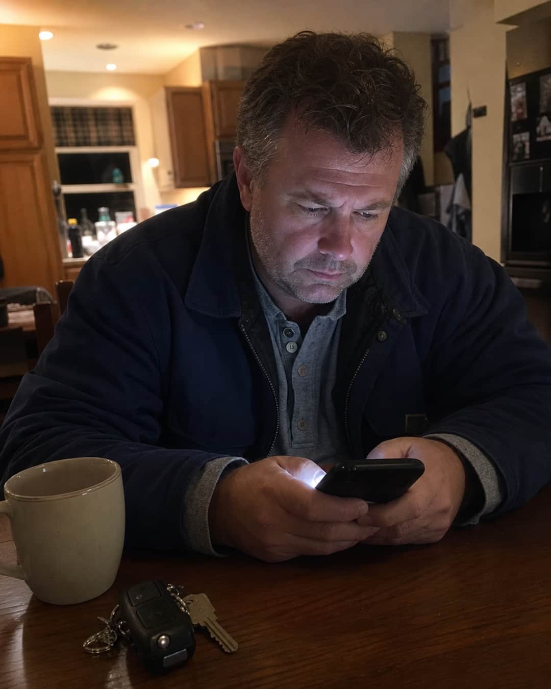 GM truck owner sitting at a kitchen table in the evening, looking at his phone with a serious expression as he reads about AFM/DFM repair costs
