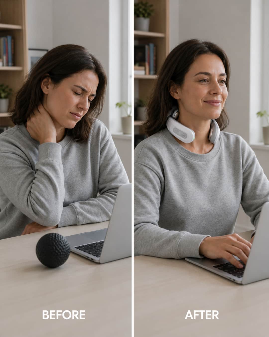 Before: pressing neck knot with grimace. After: wearing KnotEase at desk, relaxed posture.