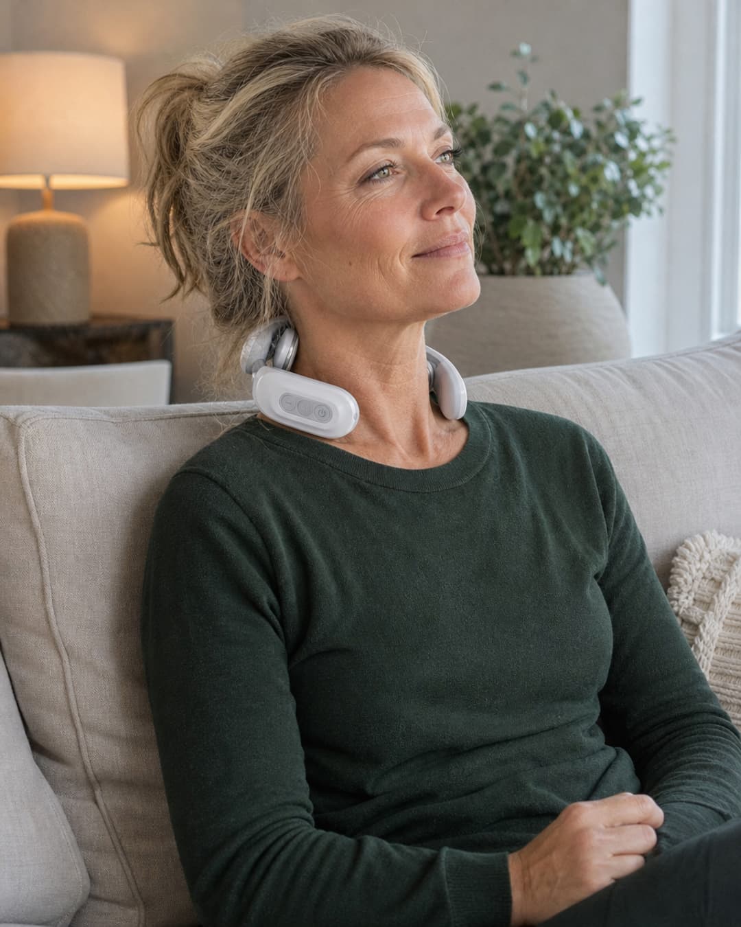 Customer using Avenora KnotEase — woman, sofa