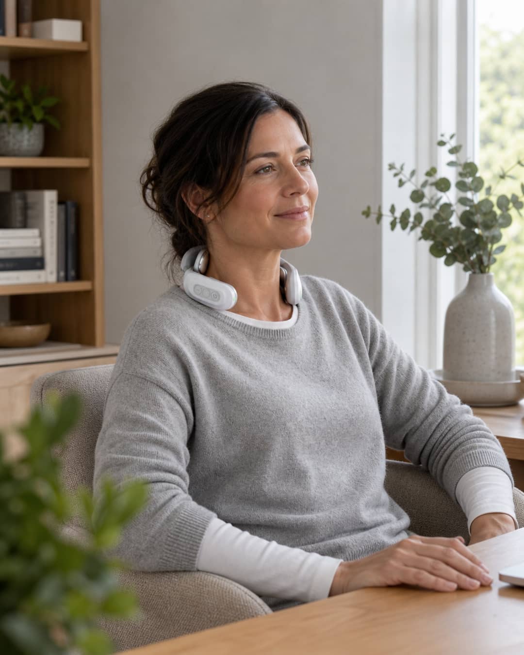 A woman of 38, dark shoulder-length hair pulled loosely back, wearing a soft heather-grey crewneck over a white long-sleeve shirt — seated at the same wooden desk as in the pain photo, now wearing the KnotEase device at her neck–shoulder junction, posture open, expression quietly settled. The lacrosse ball is gone from the desk.