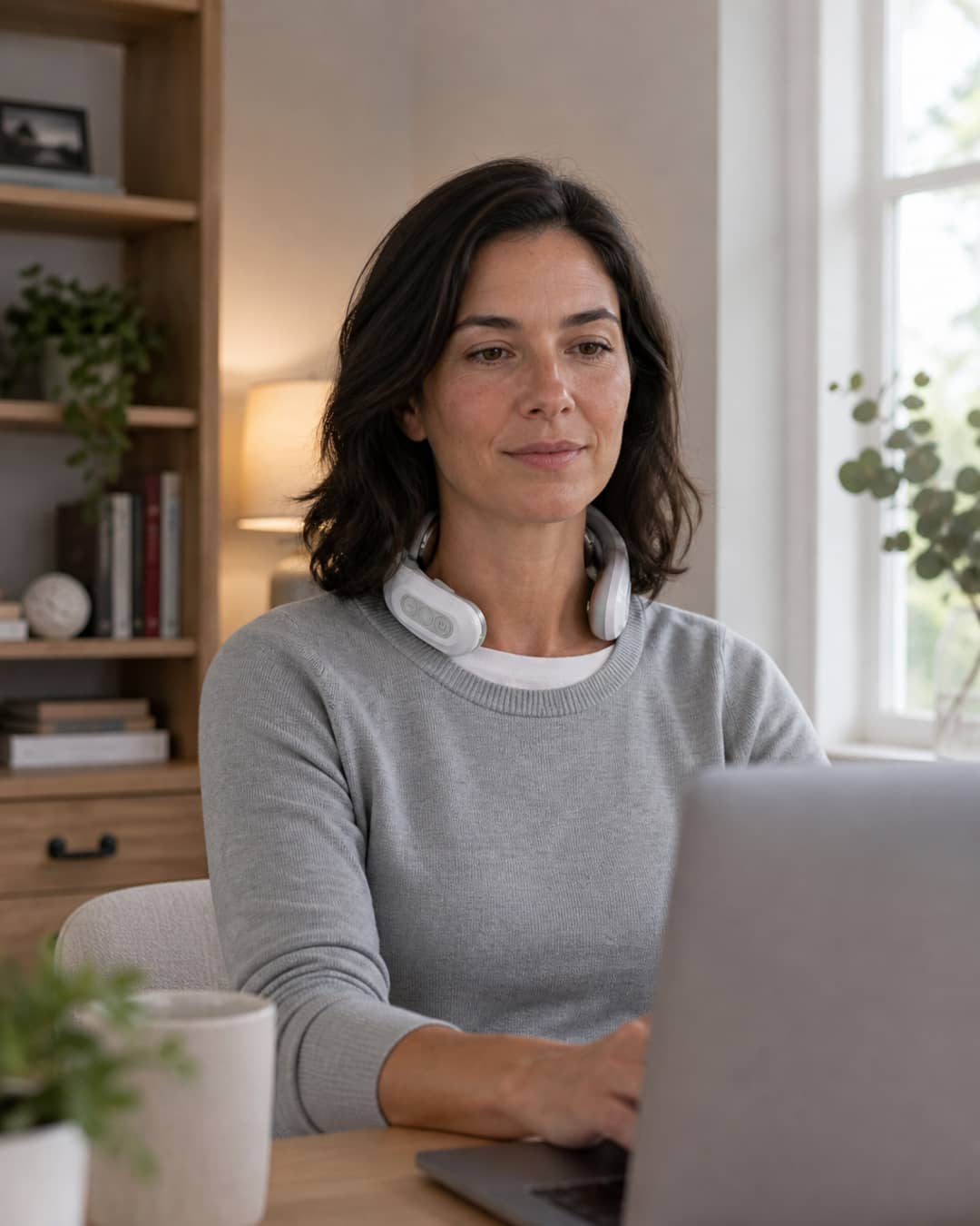 The same woman of 34 in the same home-office setting, now facing forward with relaxed hands near the keyboard, wearing the Avenora KnotEase device around her neck — the lacrosse ball visible in soft focus on a shelf behind her, no longer in use