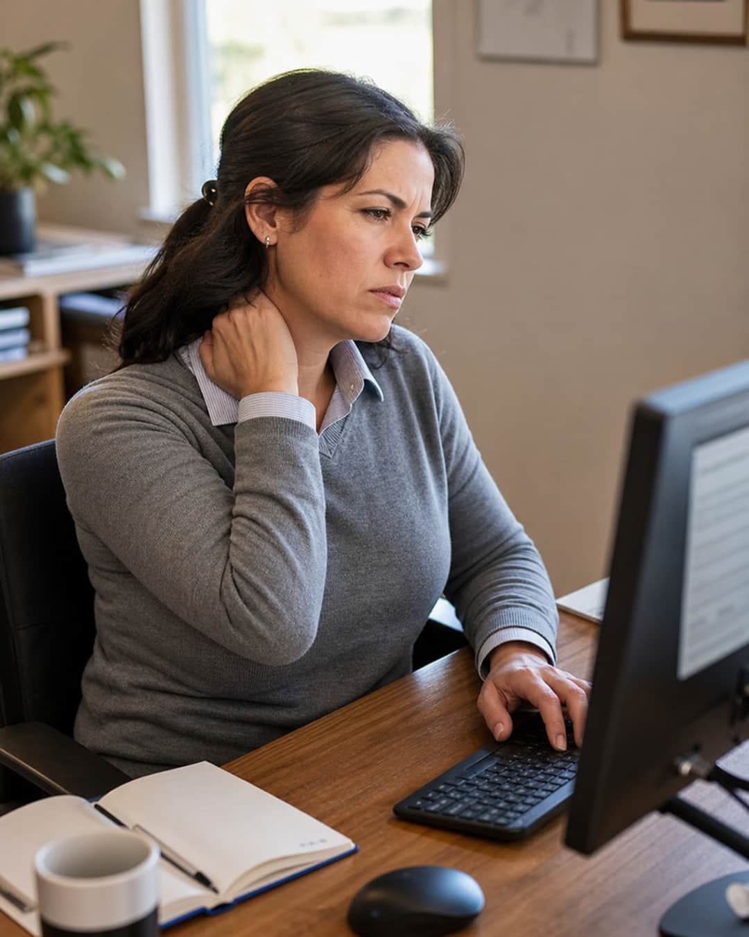 Candid documentary photograph: a woman of 38, dark shoulder-length hair pulled into a loose clip, wearing a heather-grey crewneck over a collared shirt, seated at a real office desk in mid-afternoon light. She has stopped typing; her right hand presses into the base of her neck where it meets the trapezius. Her jaw is set, eyes directed at the screen with a slightly unfocused expression — the look of someone pushing through neck tension in the middle of the workday, not after it.