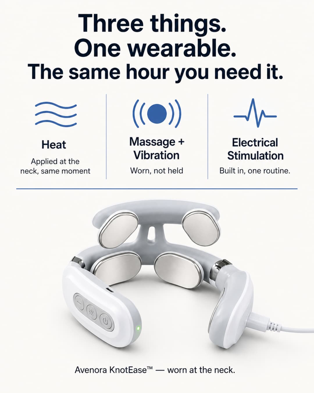 Flat mechanism infographic showing three columns with abstract icons: a wave line for Heat labeled 'Applied at the neck, same moment'; a vibration icon for Massage and Vibration labeled 'Worn, not held'; a pulse line for Electrical Stimulation labeled 'Built in, one routine.' Below, the Avenora KnotEase device shown as a clean product render. Headline reads: Three things. One wearable. The same hour you need it.