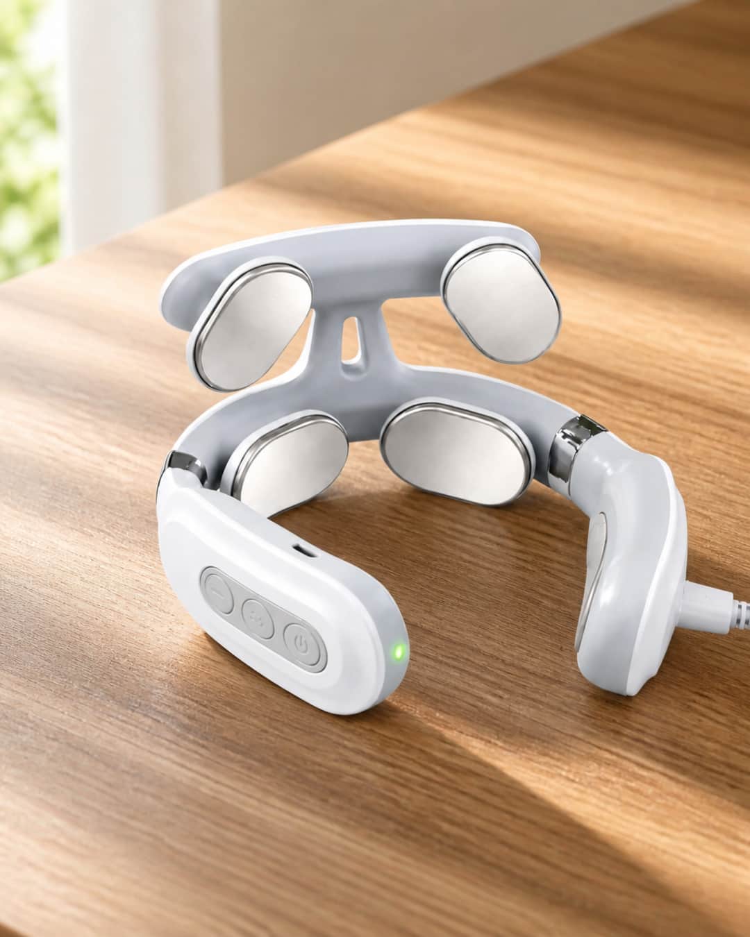 Avenora KnotEase wearable neck device positioned on a warm-toned wood desk surface with natural light from one side — clean premium product photograph, one device only, no accessories or text overlays