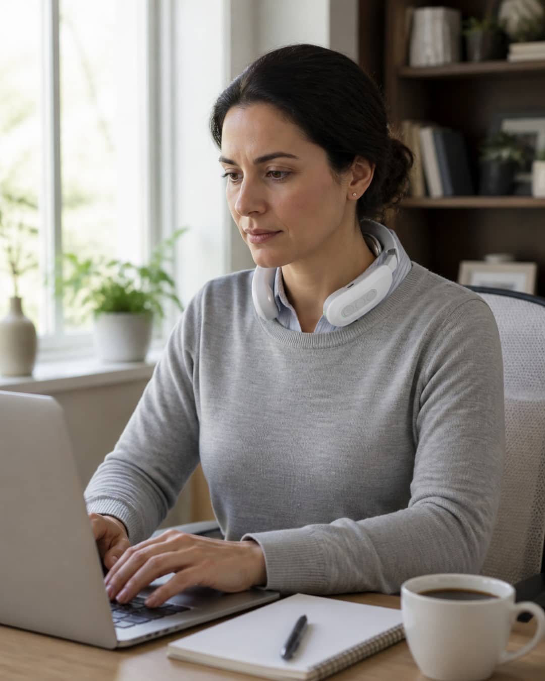 Candid documentary photograph: a woman of 38, dark shoulder-length hair pulled into a loose clip, wearing a heather-grey crewneck over a collared shirt, seated at the same desk as in the first photograph, same afternoon light through the window. The Avenora KnotEase device is worn around her neck. She is typing. Both hands are on the keyboard. Her shoulders are lower and visibly relaxed compared to the first image. Her jaw is relaxed and her eyes are focused on the screen with the expression of someone concentrating on a task rather than managing discomfort. The coffee cup and notebook are still on the desk — recognizably the same workday, opposite emotional charge.