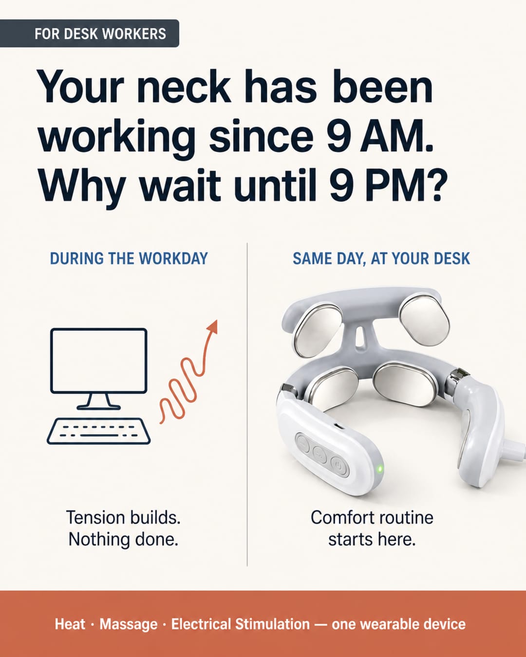 Flat editorial infographic split into two panels: left panel labeled 'During the Workday' showing a monitor and keyboard icon with a rising-tension indicator and the label 'Tension builds. Nothing done.' — right panel labeled 'Same Day, At Your Desk' showing the Avenora KnotEase wearable device with the label 'Comfort routine starts here.' Headline reads: Your neck has been working since 9 AM. Why wait until 9 PM?