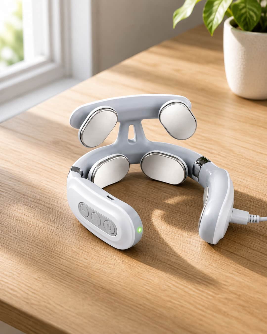 Avenora KnotEase wearable neck device shown on a clean oak desk surface — horseshoe opening facing forward to show inner electrode contact nodes, three-quarter angle, natural window light
