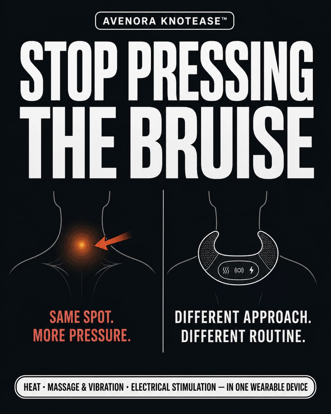 Schematic infographic: left side shows direct pressure on the neck-trap junction labeled 'Same Spot. More Pressure.' — right side shows the KnotEase horseshoe device worn at the neck labeled 'Different Approach. Different Routine.' — bold headline reads 'STOP PRESSING THE BRUISE' on a deep charcoal background