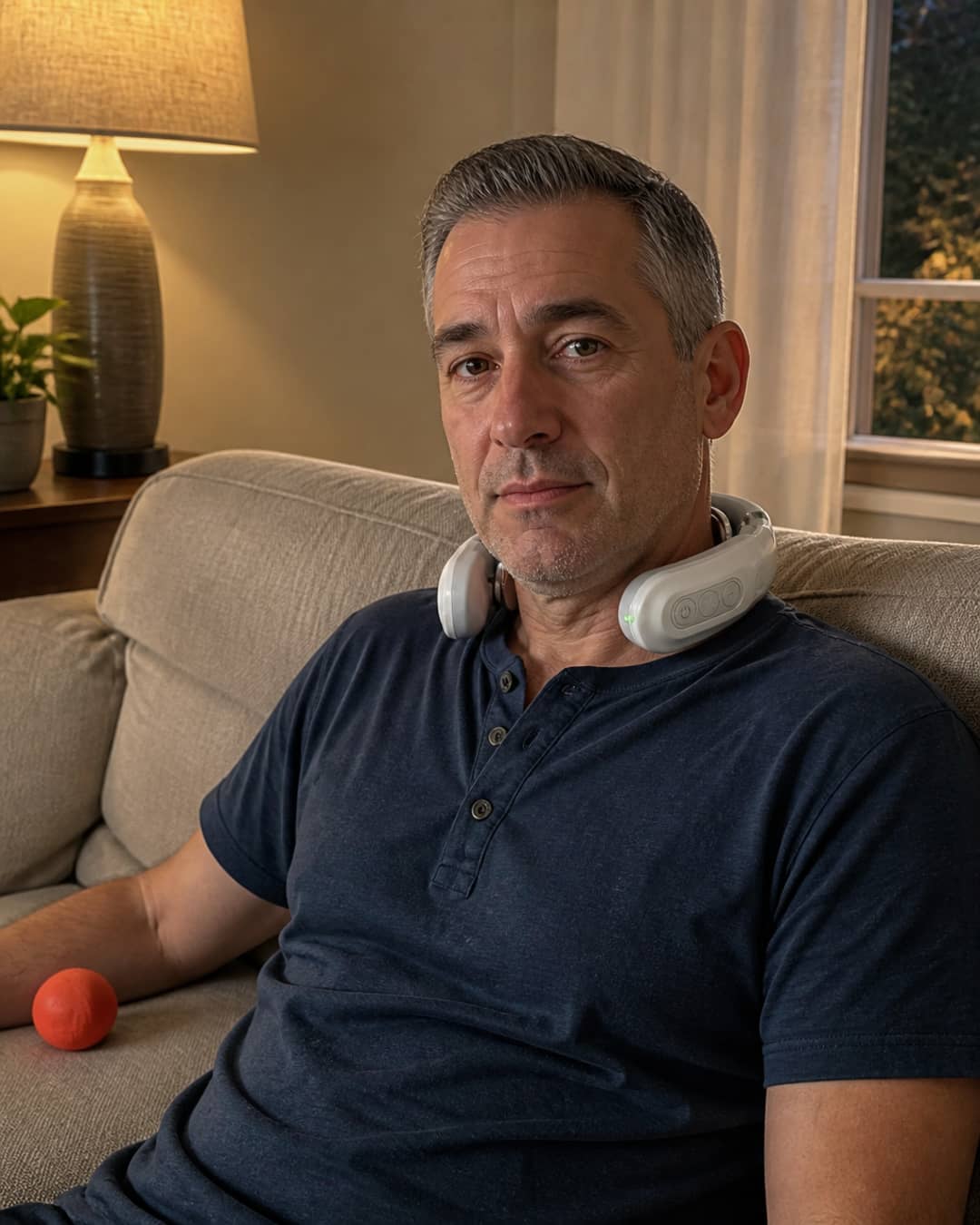 A man of 47 with short salt-and-pepper hair wearing a faded navy henley, seated back on the same couch with shoulders relaxed and lower, the KnotEase horseshoe device resting naturally across the back of his neck — his left arm resting on the armrest, not pressing; the lacrosse ball still visible beside him but untouched; his expression neutral and settled