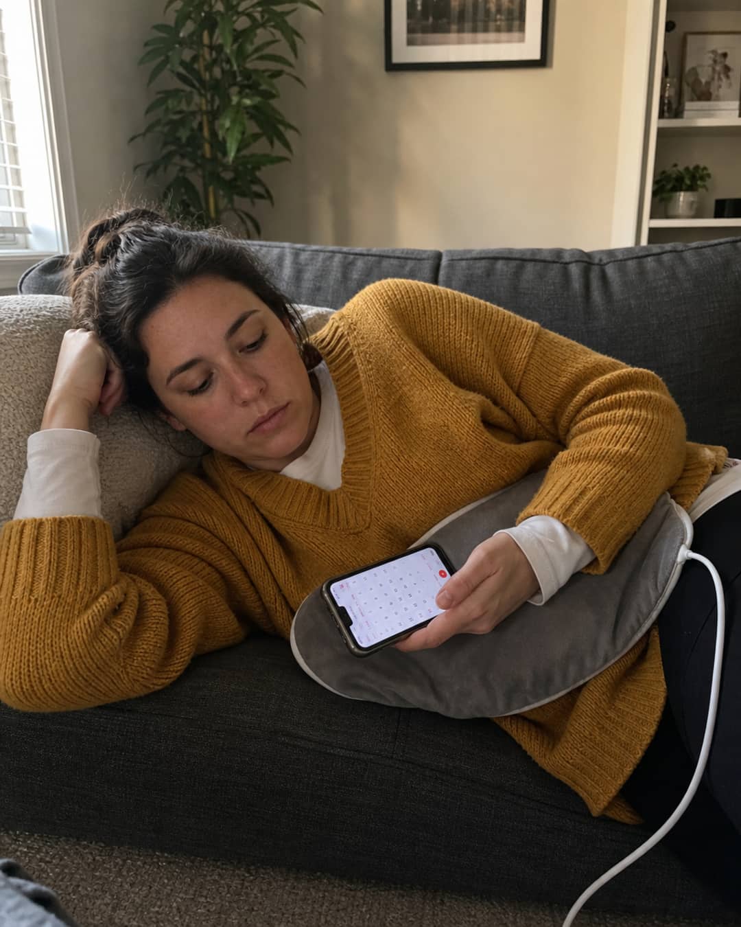 A woman lying on her side on a couch with a corded heating pad across her lower abdomen, phone in hand showing a November calendar, expression flat and resigned — the quiet moment of doing the mental math before a trip