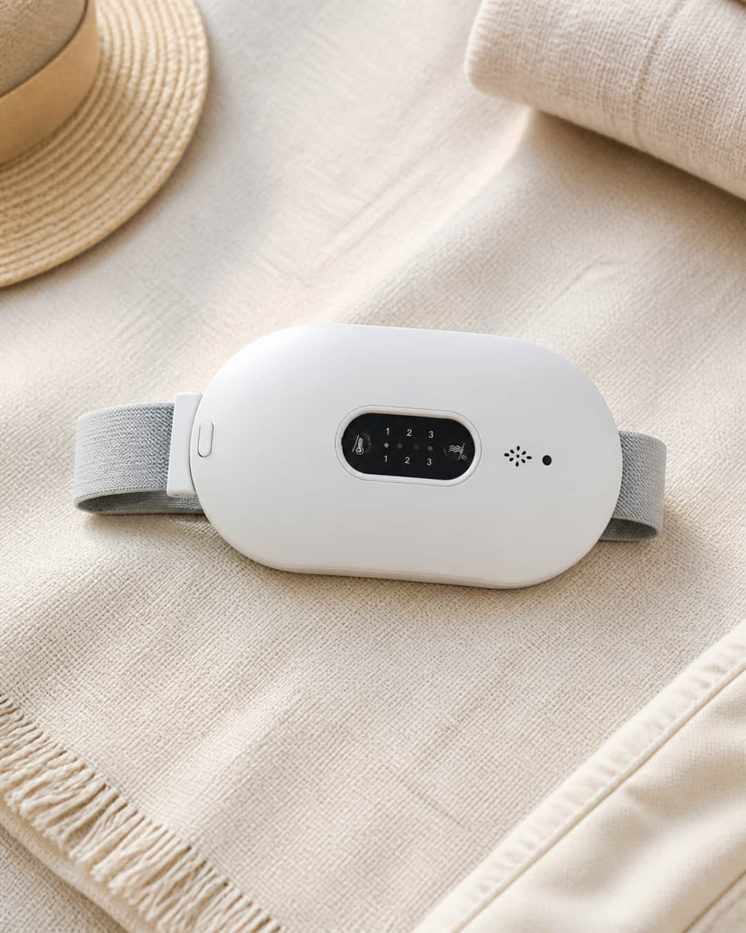 DayDefender wearable menstrual comfort belt shown as a premium product flat-lay on a linen travel surface — single unit, clean editorial still life