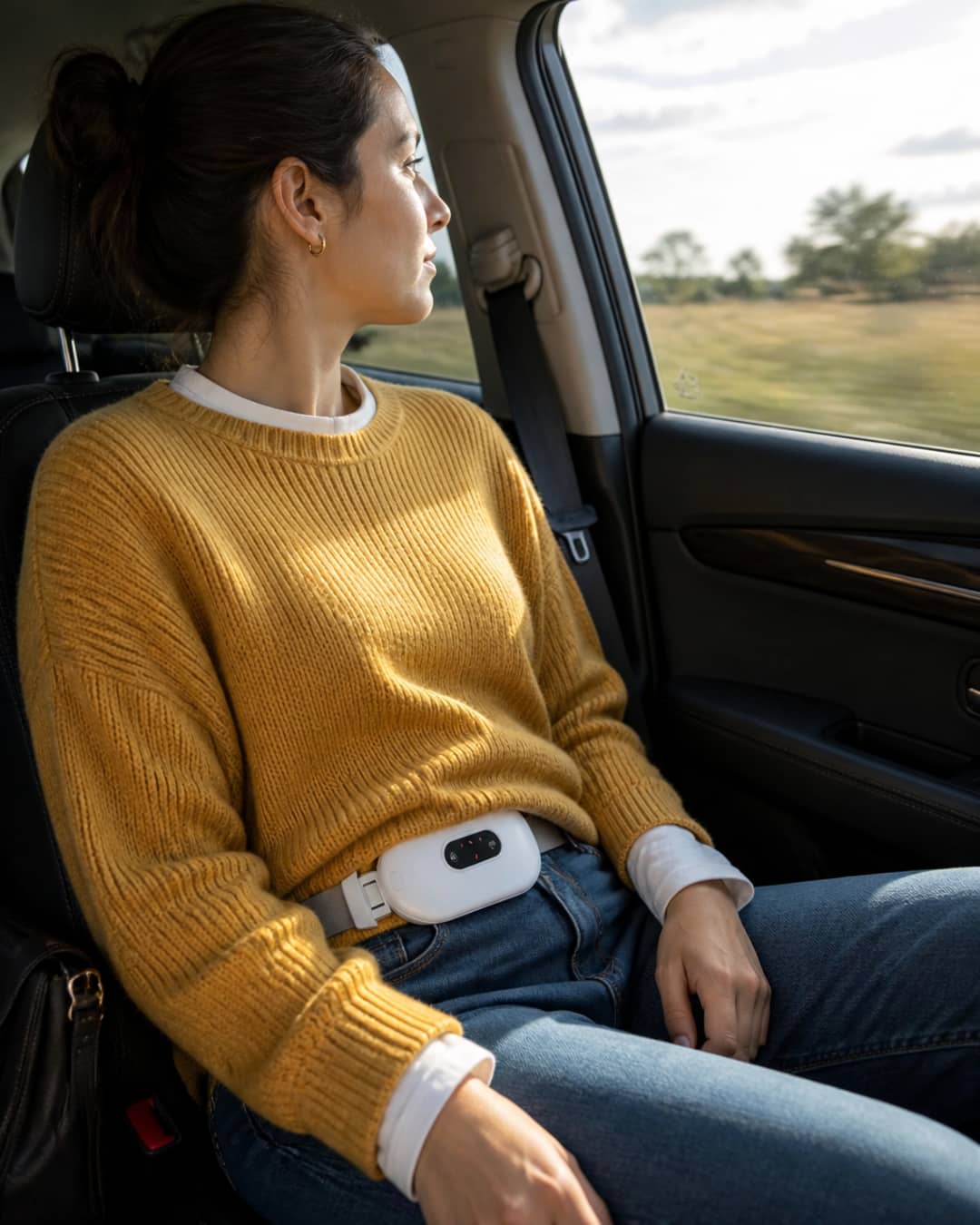 A woman in the passenger seat of a car, mustard-yellow sweater, looking out the window at the road ahead — relaxed posture, natural light, the quiet ease of someone who prepared before departure