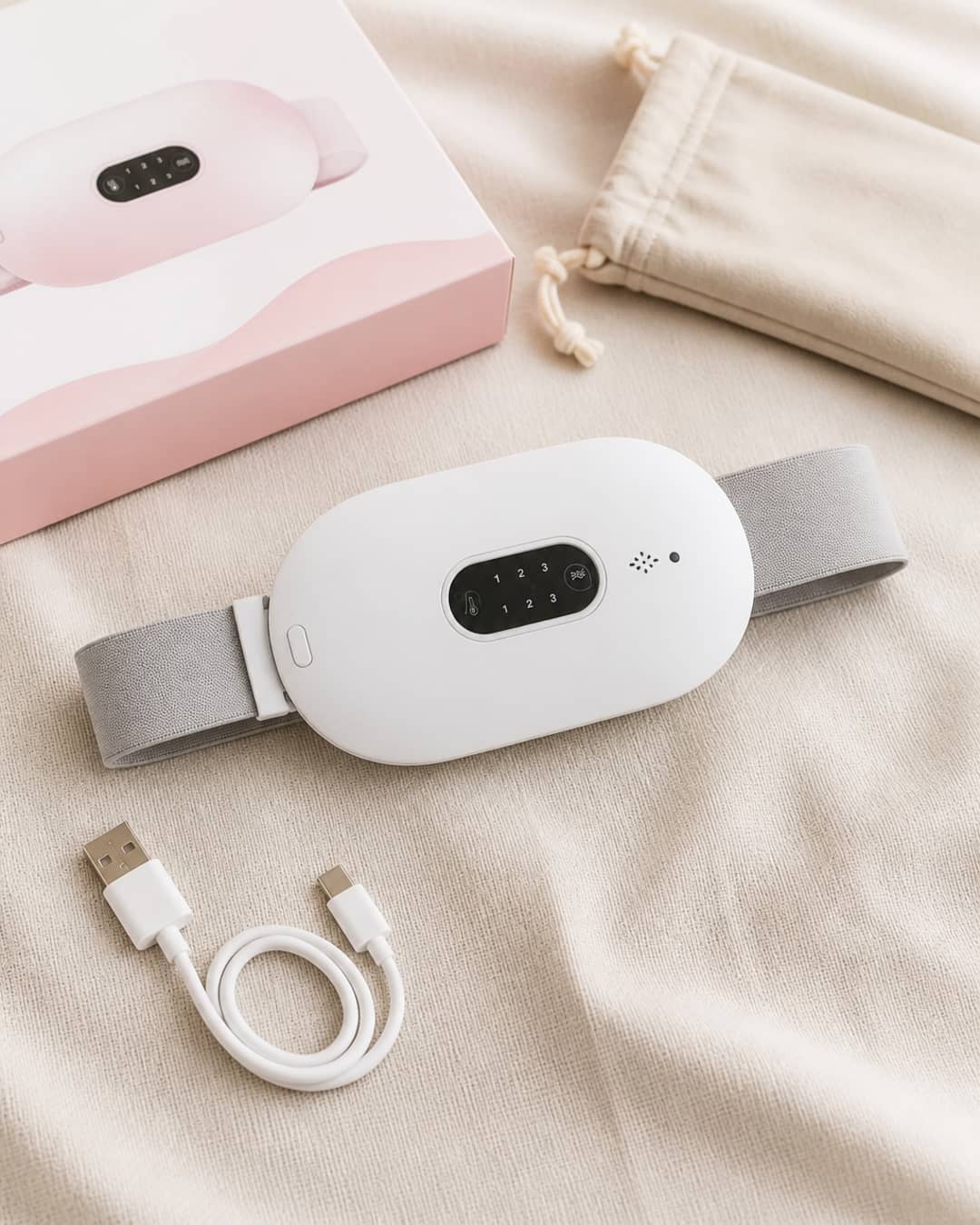 DayDefender wearable menstrual comfort belt displayed as a flat-lay packshot on a pale linen surface, with a small travel pouch alongside — the full preparation kit centered and ready